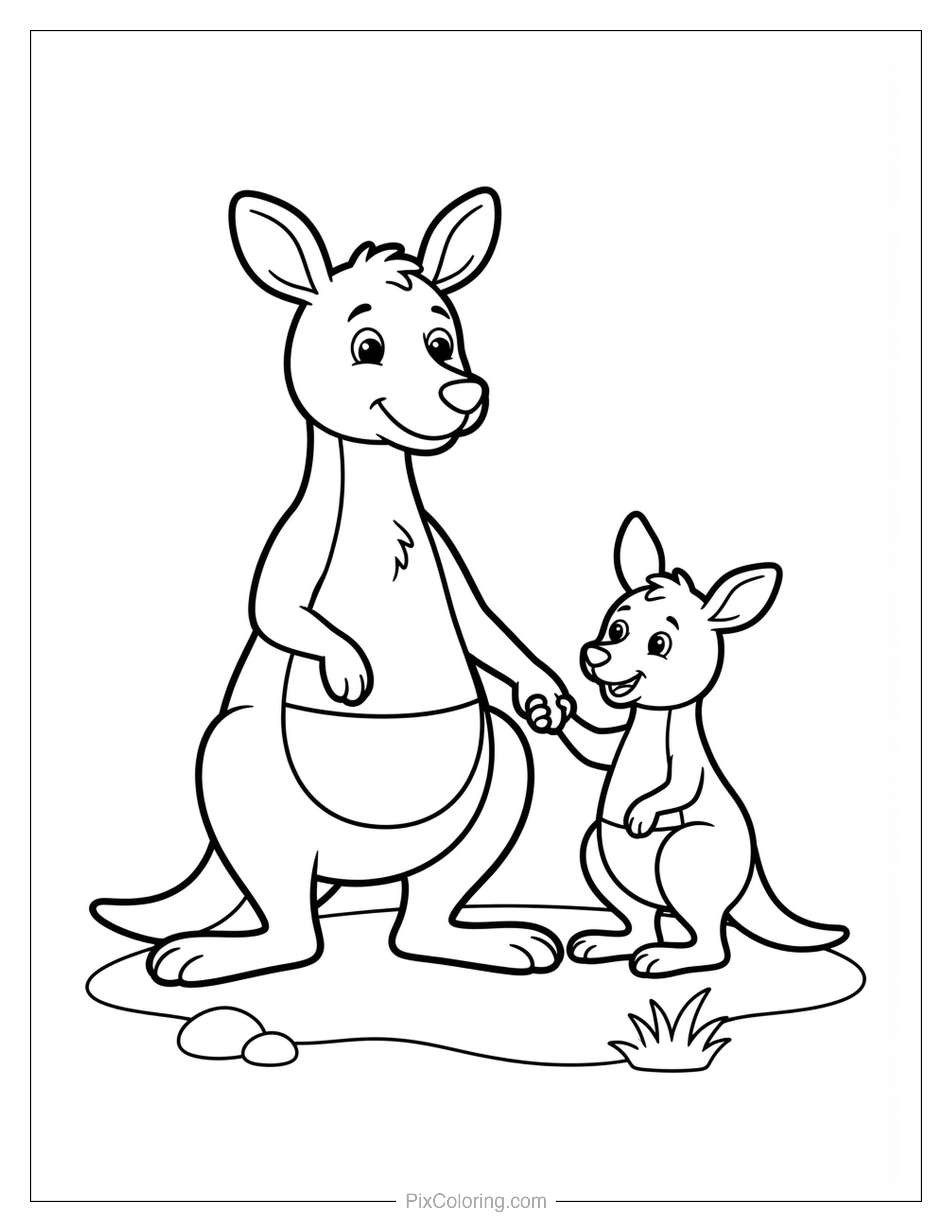 Mother kangaroo and her joey standing side by side holding hands coloring page for kids