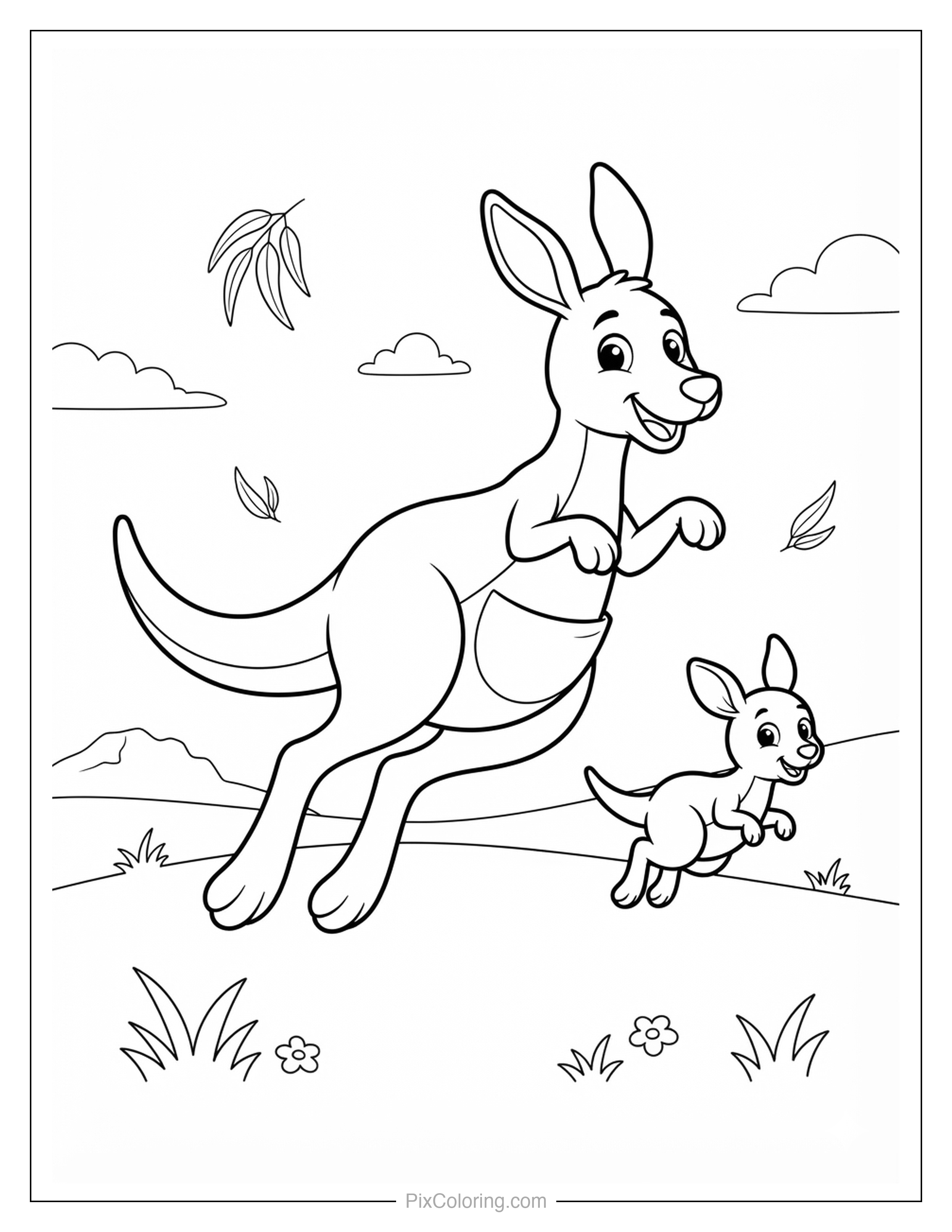 Mother kangaroo and her joey bouncing together through falling leaves coloring page for kids