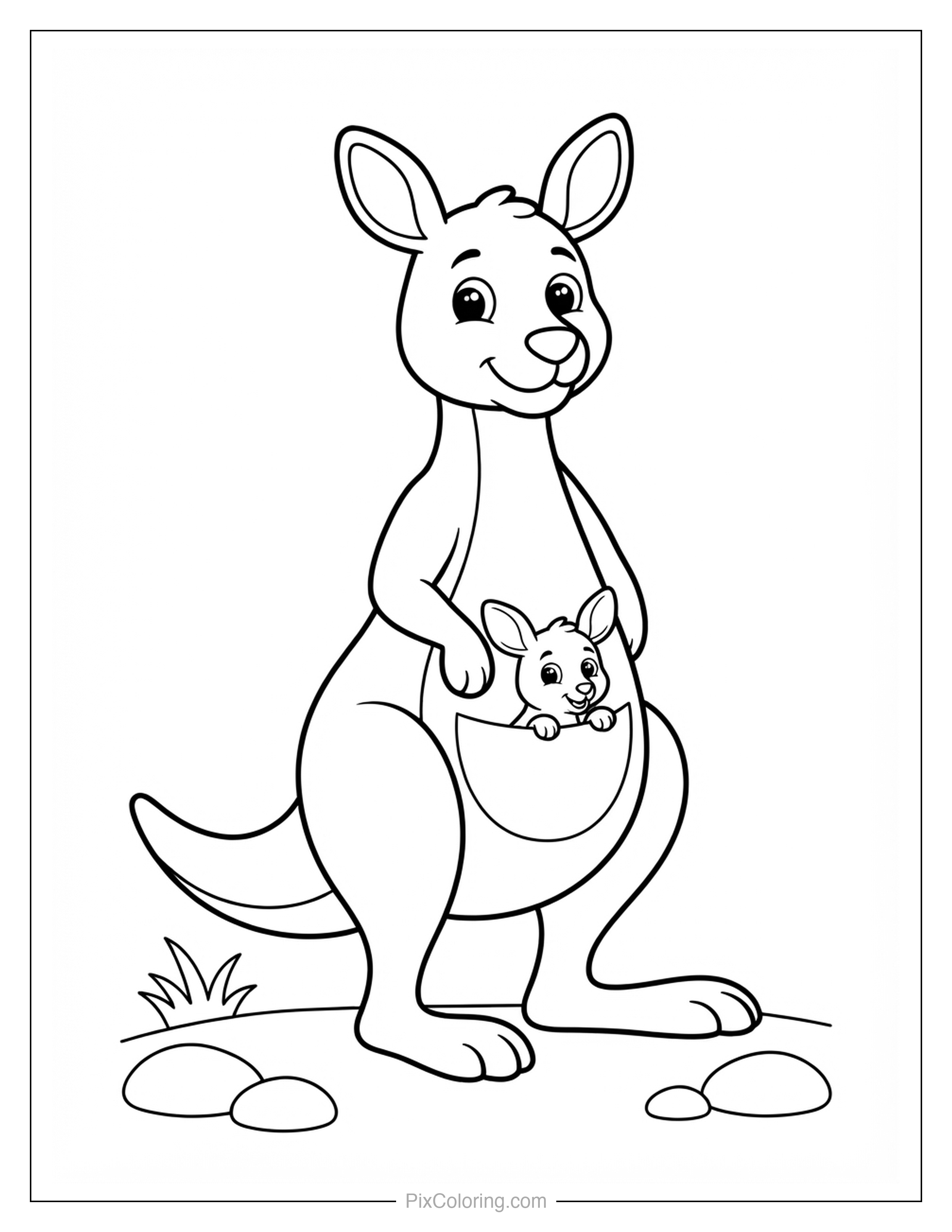 Mother kangaroo smiling while her tiny joey peeks out of her pouch coloring page for kids