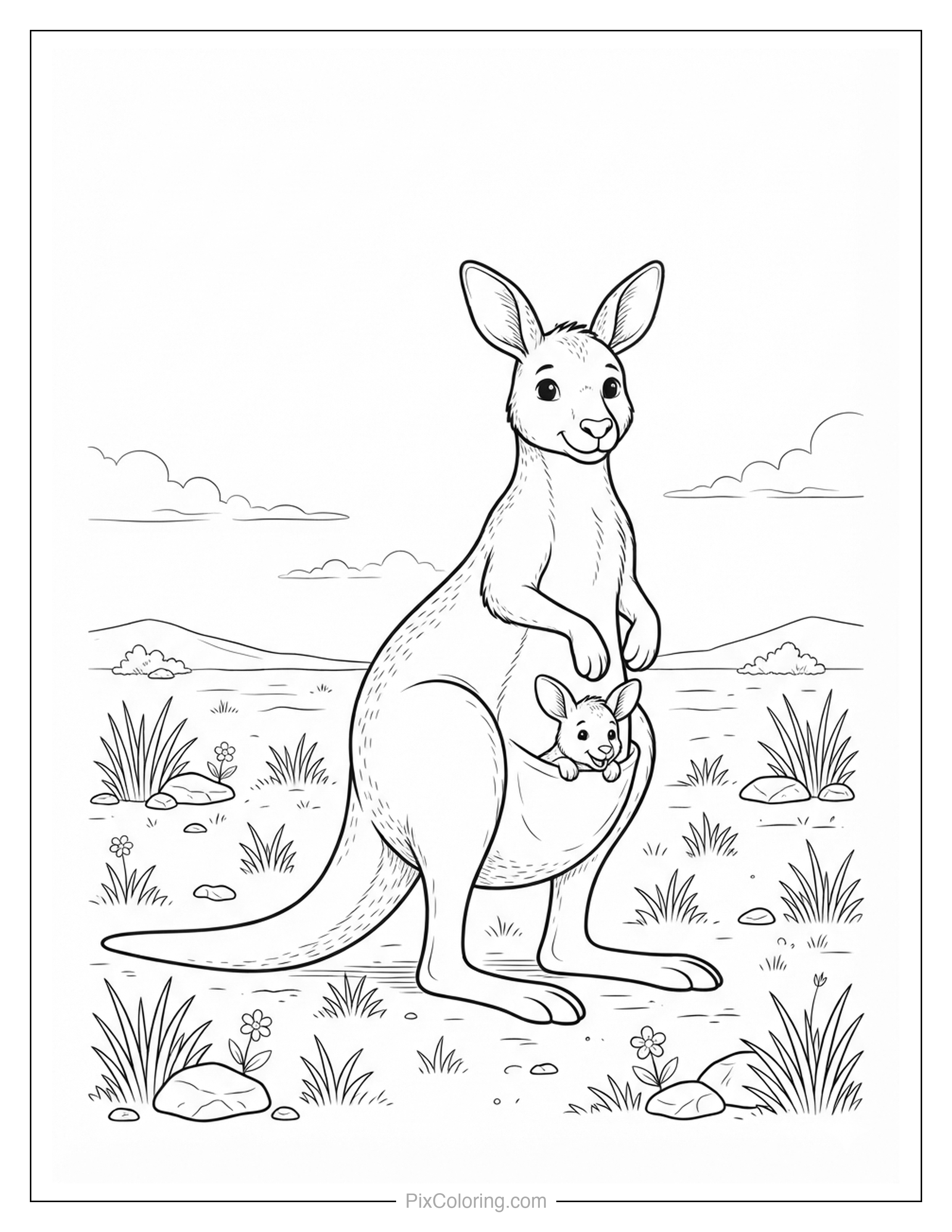Kangaroo standing in an outback landscape with mountains while her joey peeks from her pouch coloring page for kids
