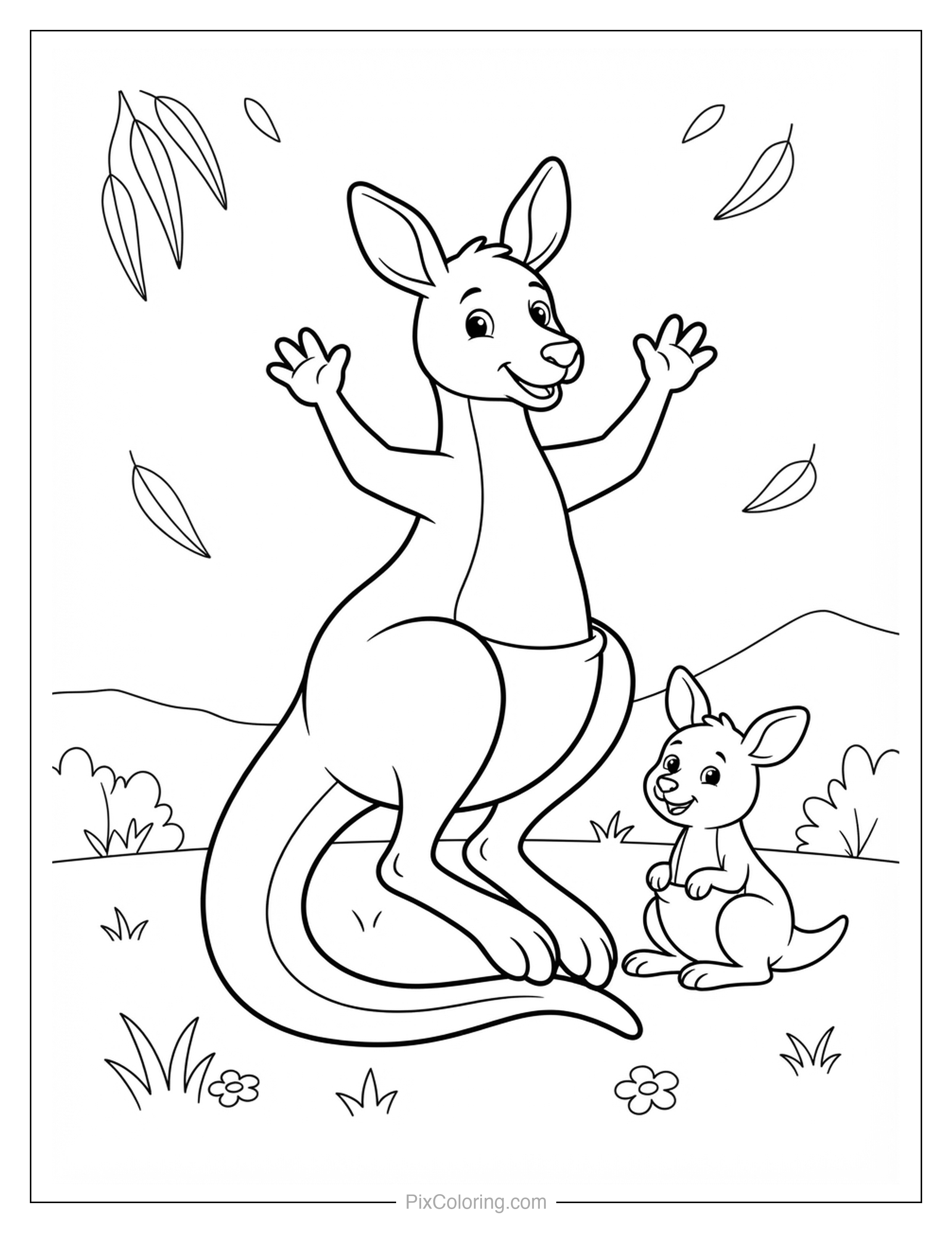 Joyful kangaroo waving both paws in the air with its joey nearby as leaves flutter down coloring page for kids