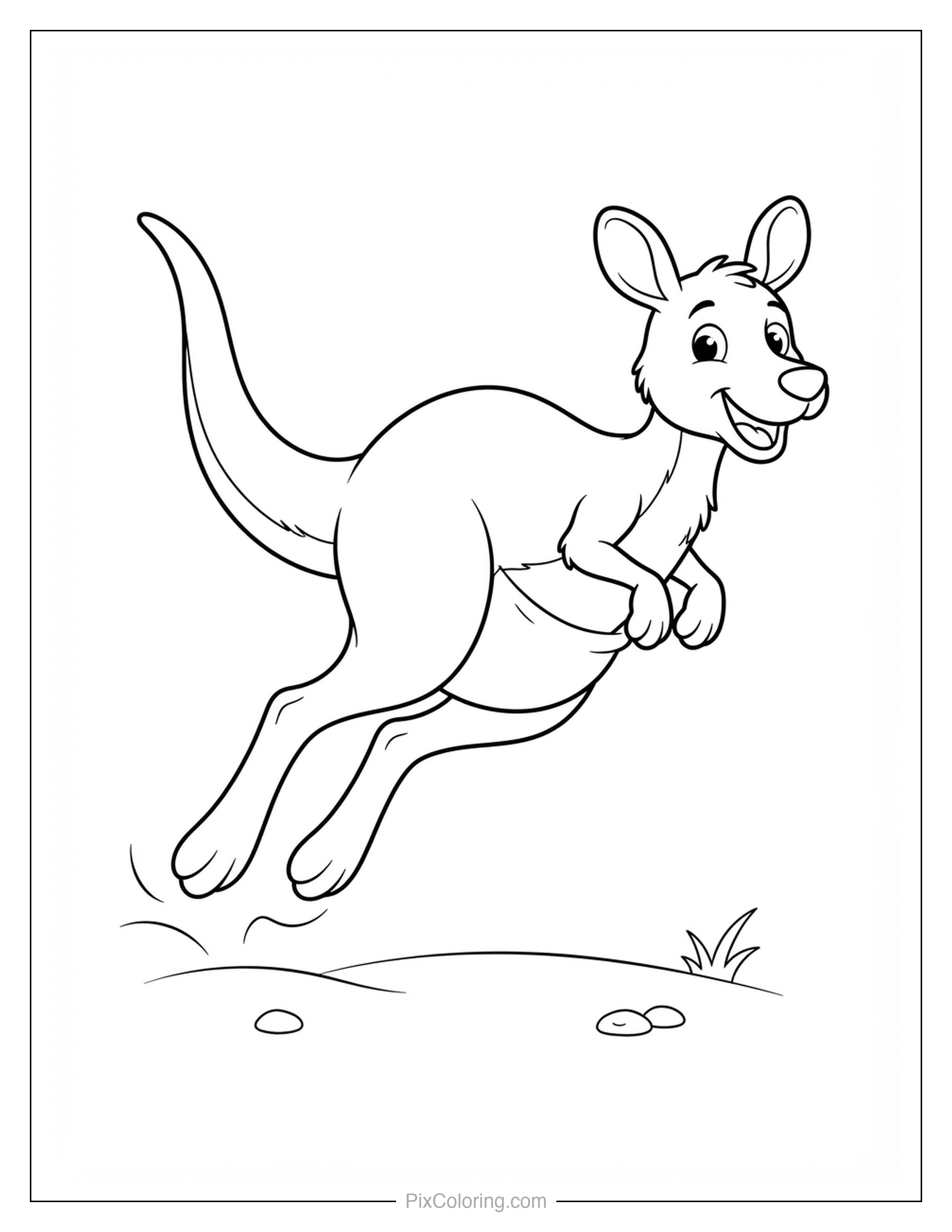 Happy kangaroo bouncing mid-leap with a big smile coloring page for kids