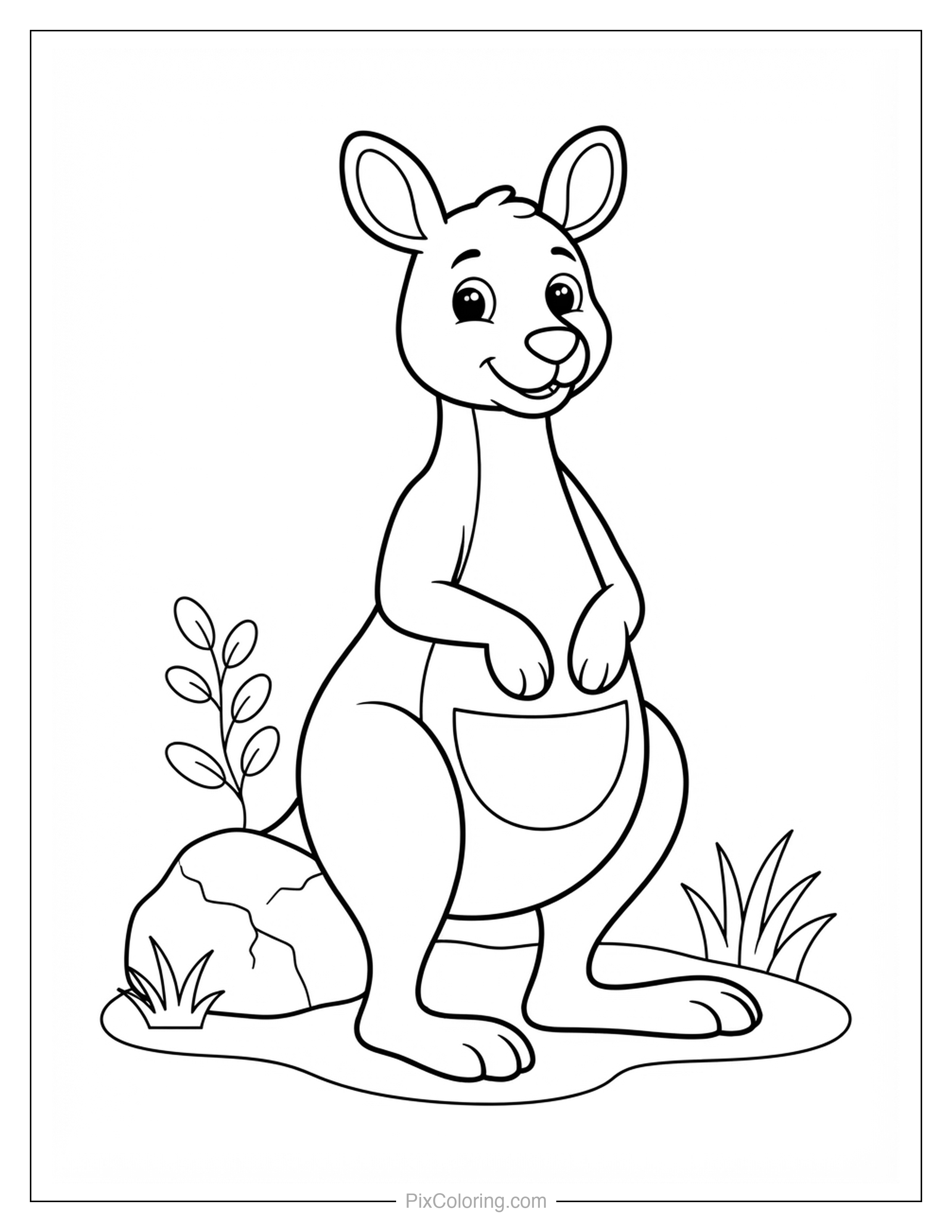 Friendly kangaroo standing beside a rock and leafy plant in the outback coloring page for kids