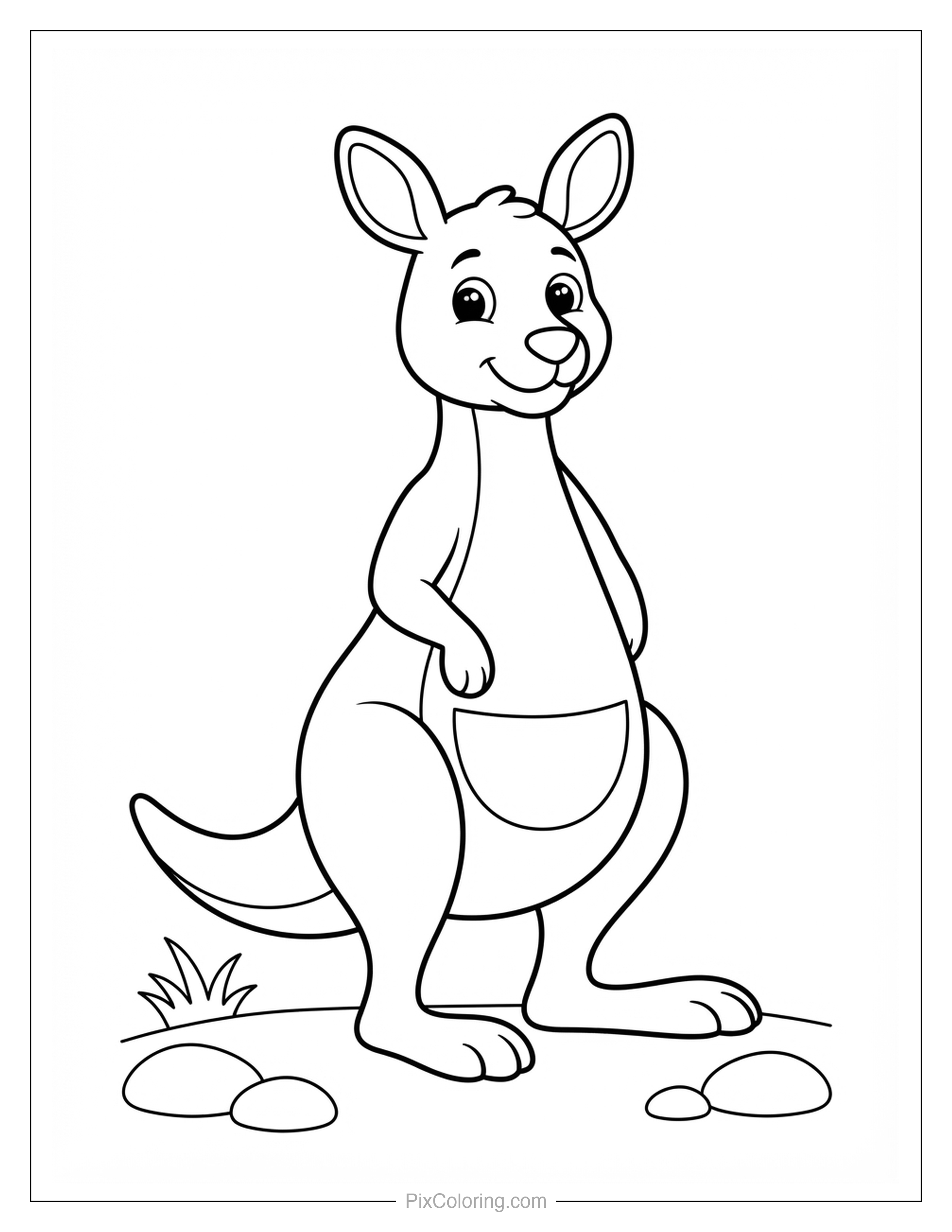 Cheerful kangaroo standing tall with a friendly smile coloring page for kids