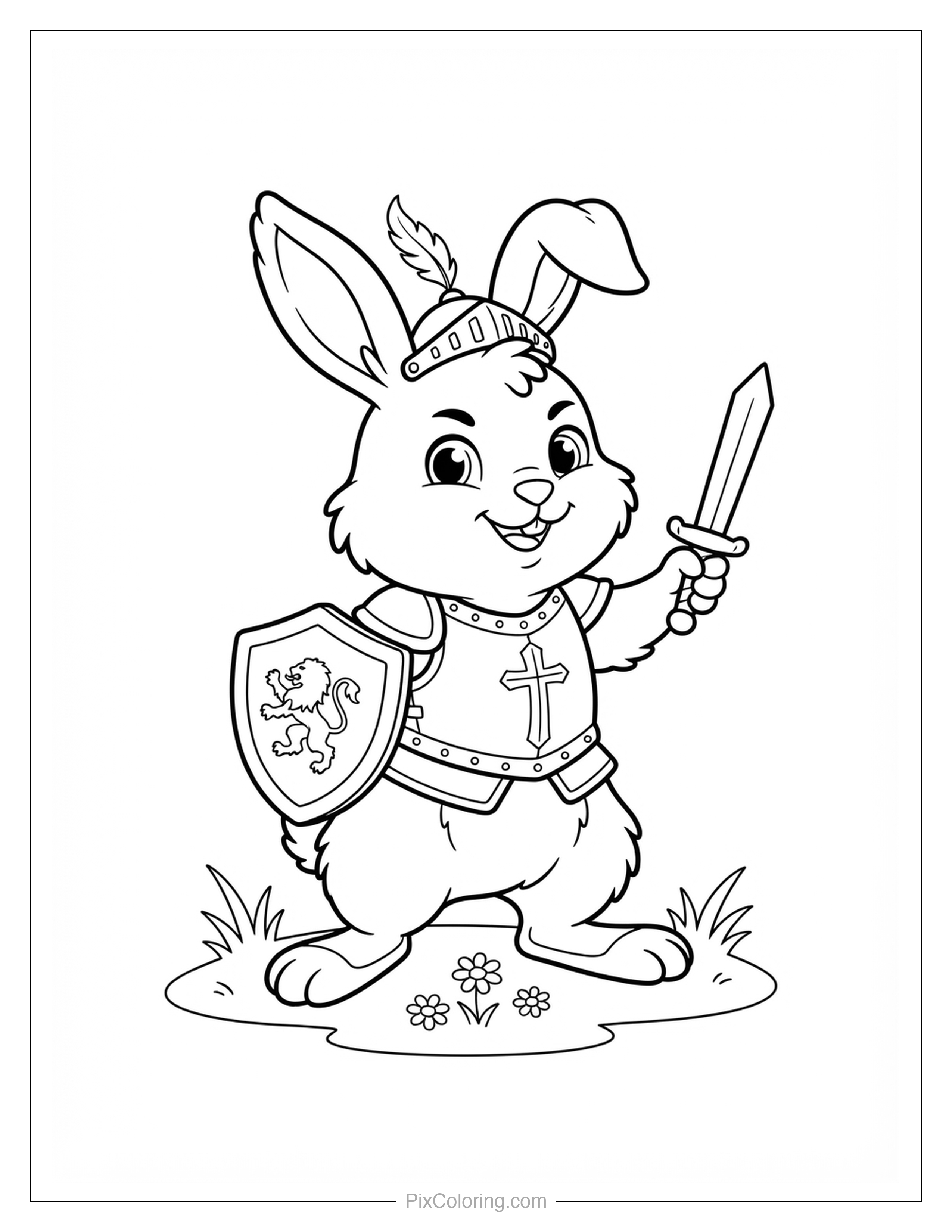 Cute cartoon bunny knight wearing a helmet holding a sword and a lion-crest shield in the grass coloring page for kids