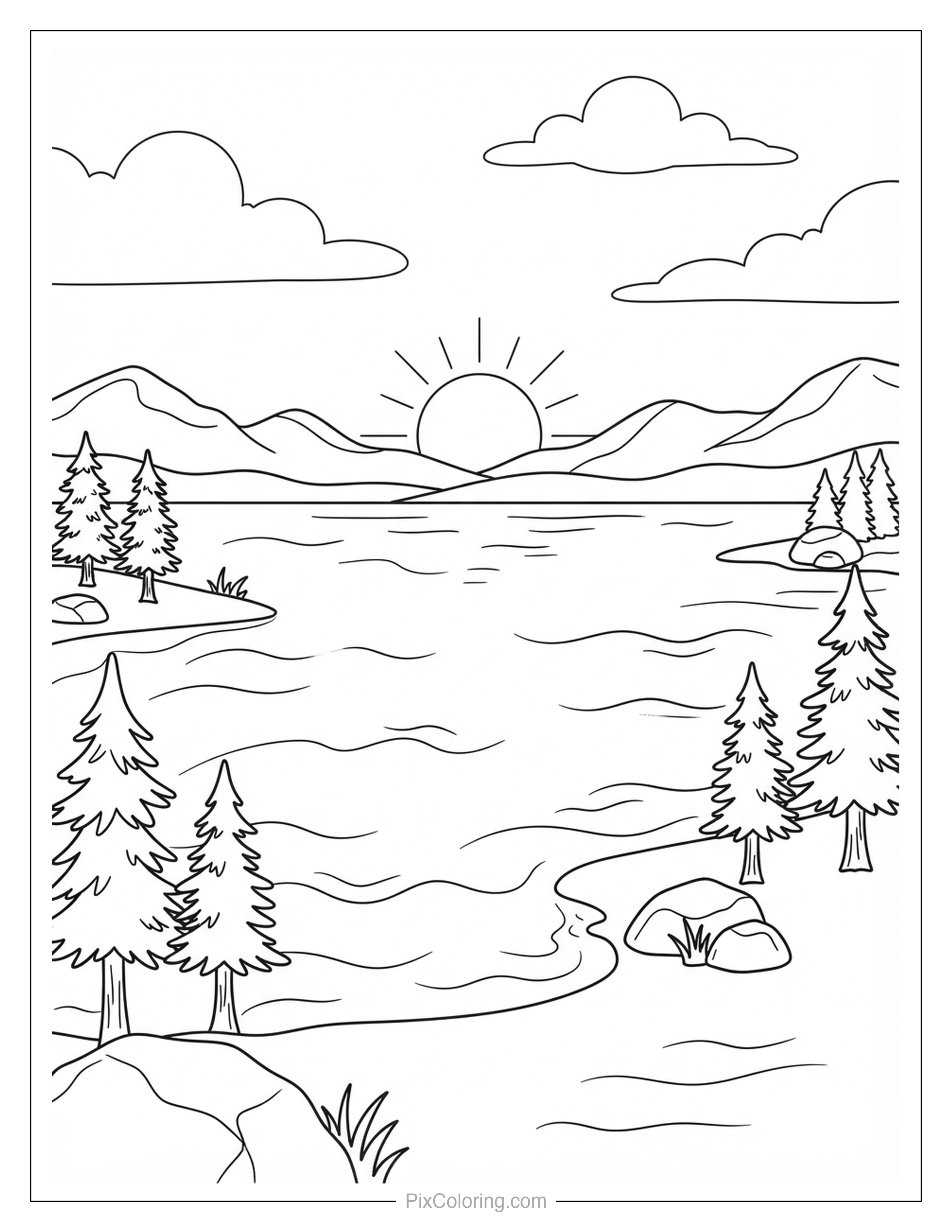 Sun setting behind mountains over a calm lake lined with pine trees coloring page for kids