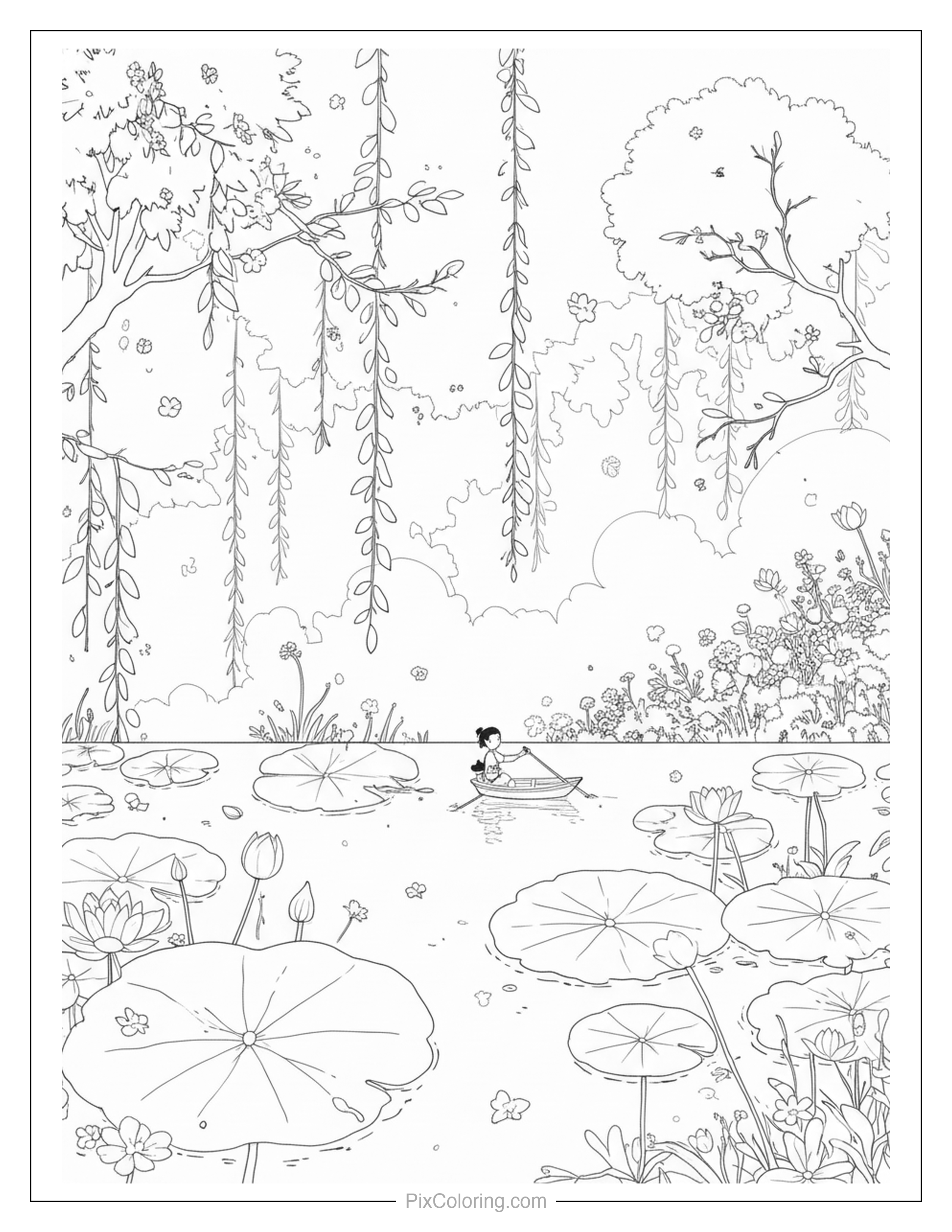 A peaceful landscape of a lily pad pond with lotus flowers and long weeping willow trees, with a tiny figure rowing a boat in the distance coloring page for kids