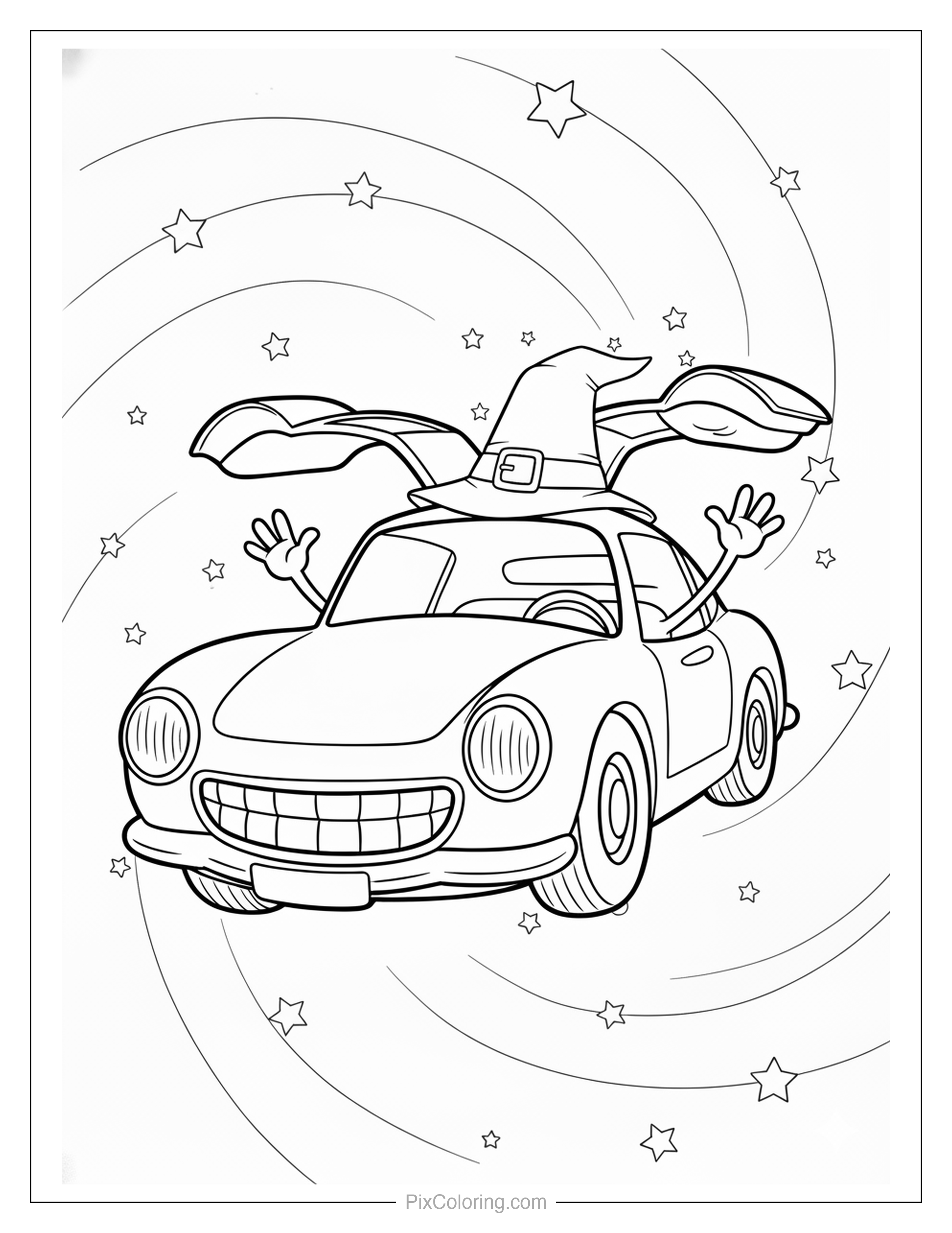 Cute car with a witch hat flying through a starry magical swirl coloring page for kids