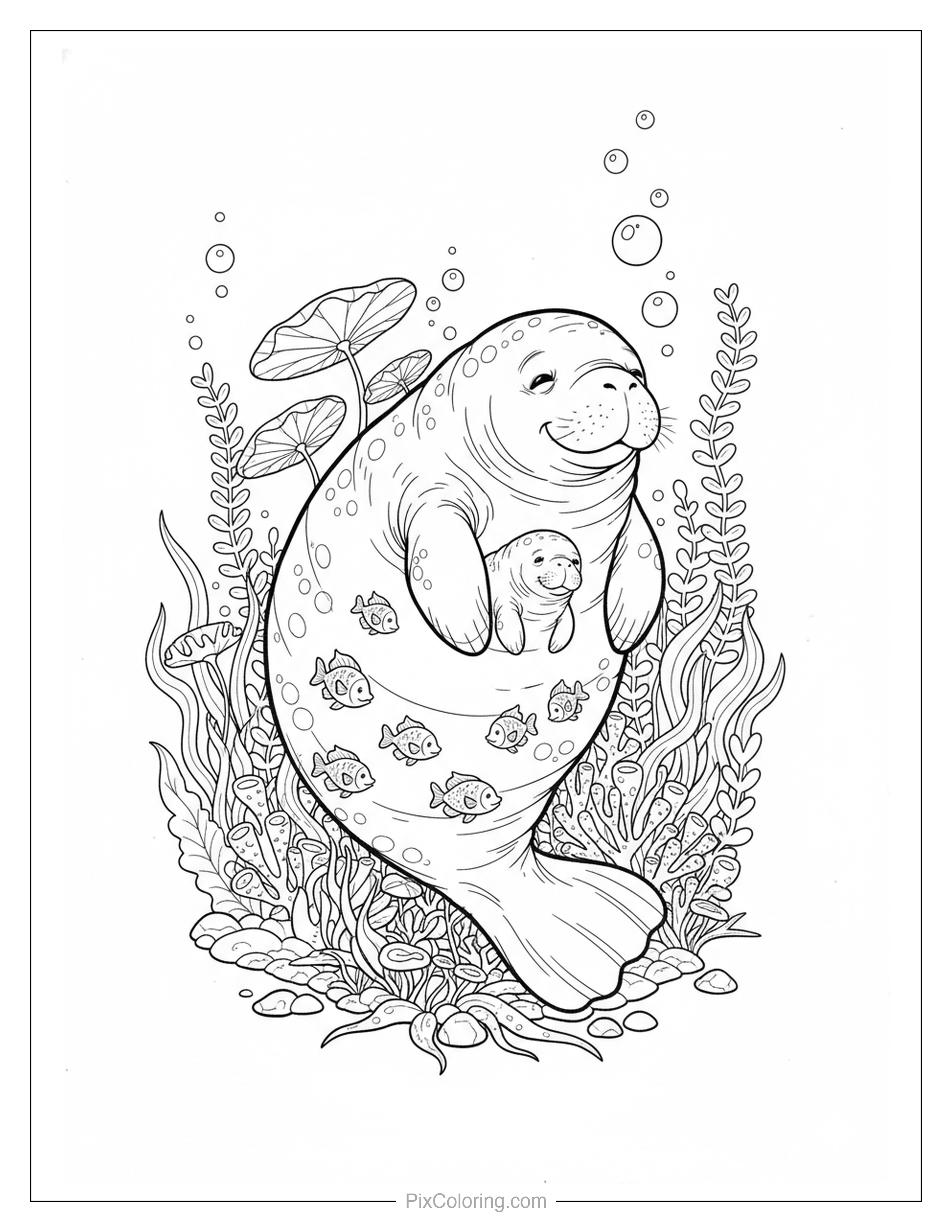 Mama manatee cradling her baby underwater surrounded by small fish, seaweed, lily pads, and rising bubbles coloring page for kids