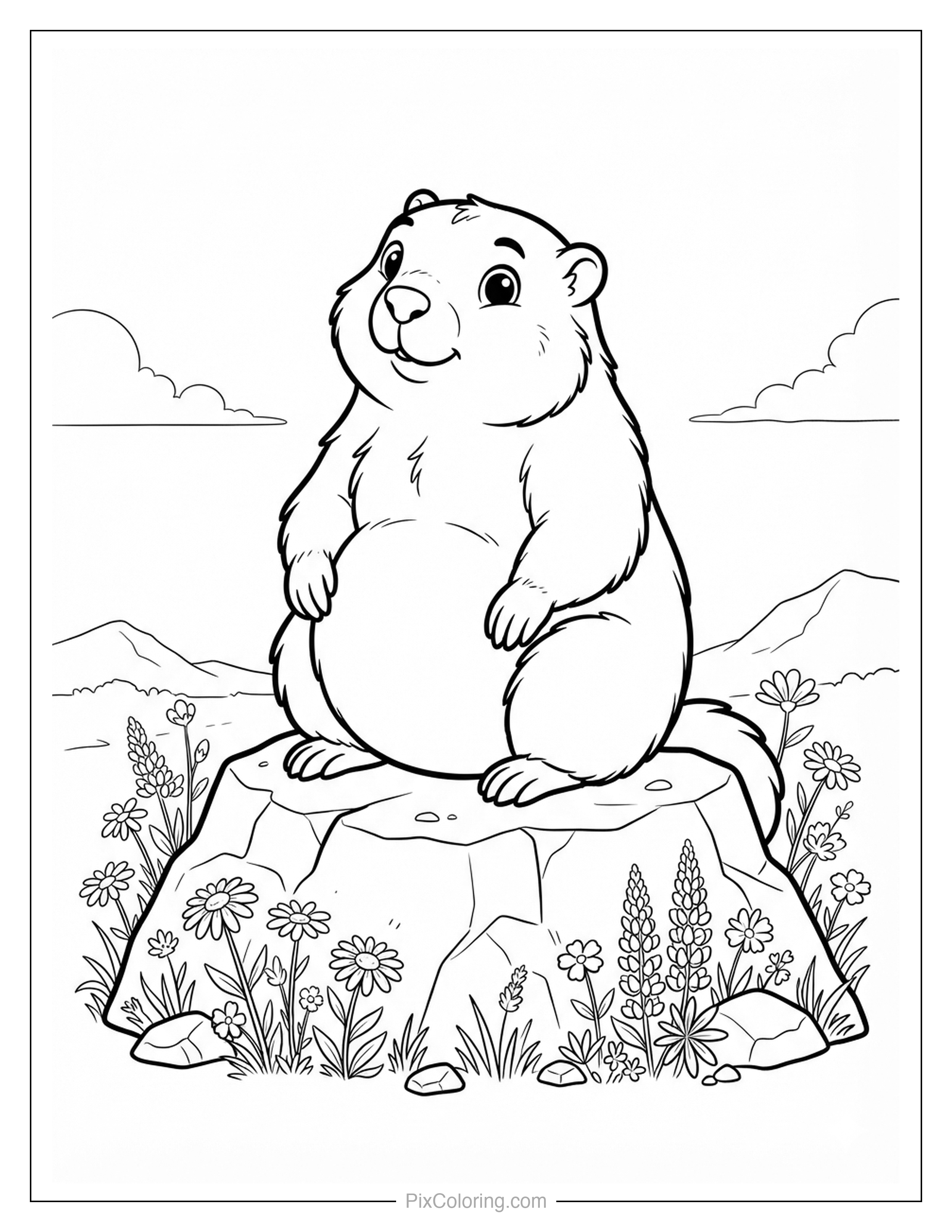 Chubby marmot sitting on a rock surrounded by mountain wildflowers coloring page for kids