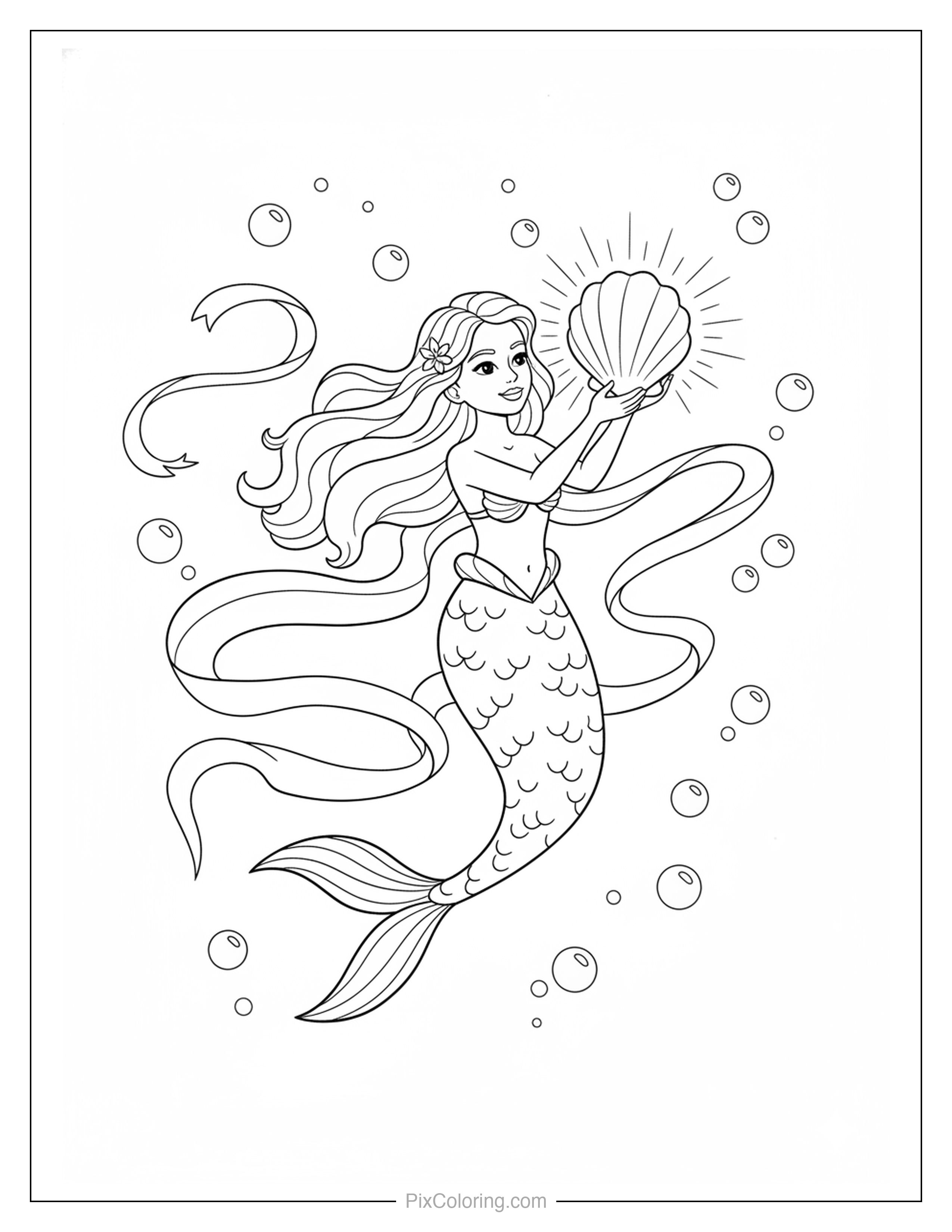 Beautiful mermaid swimming gracefully with flowing hair and ribbons, holding a radiant glowing clam shell underwater coloring page for kids