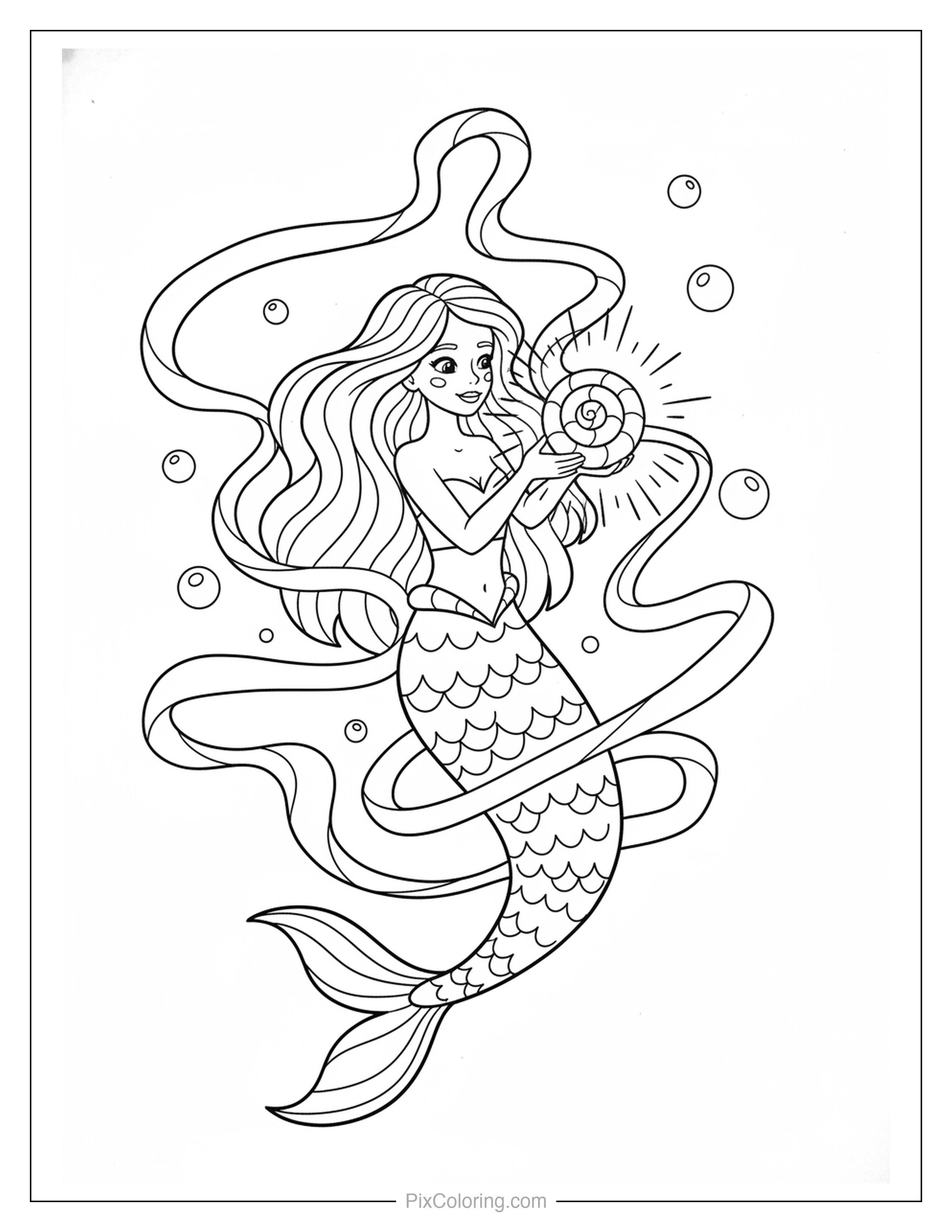 Beautiful mermaid swimming with long flowing hair and ribbons, holding a glowing magical nautilus shell underwater coloring page for kids