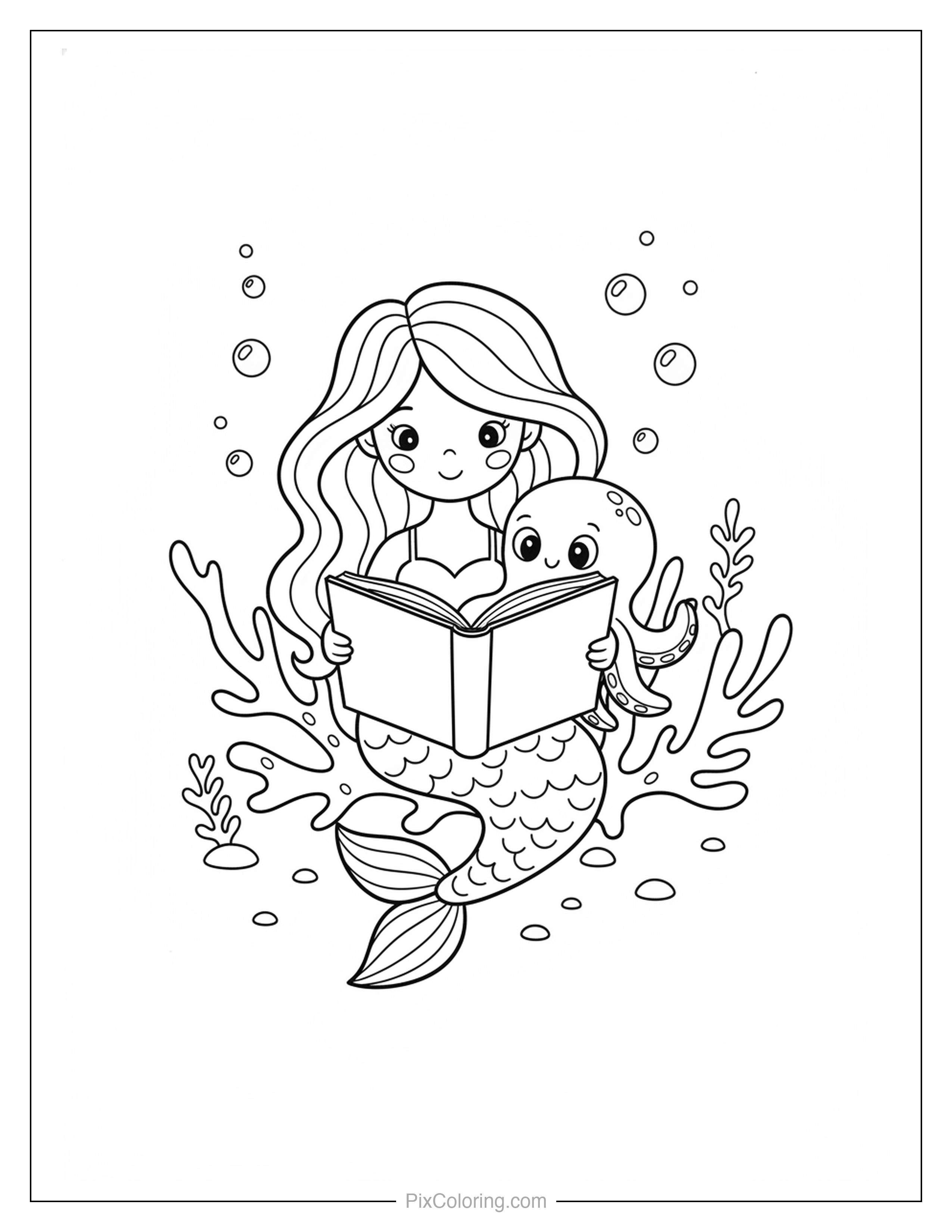 Cute mermaid reading a book underwater with a tiny octopus friend peeking over her shoulder, seaweed and bubbles around them coloring page for kids