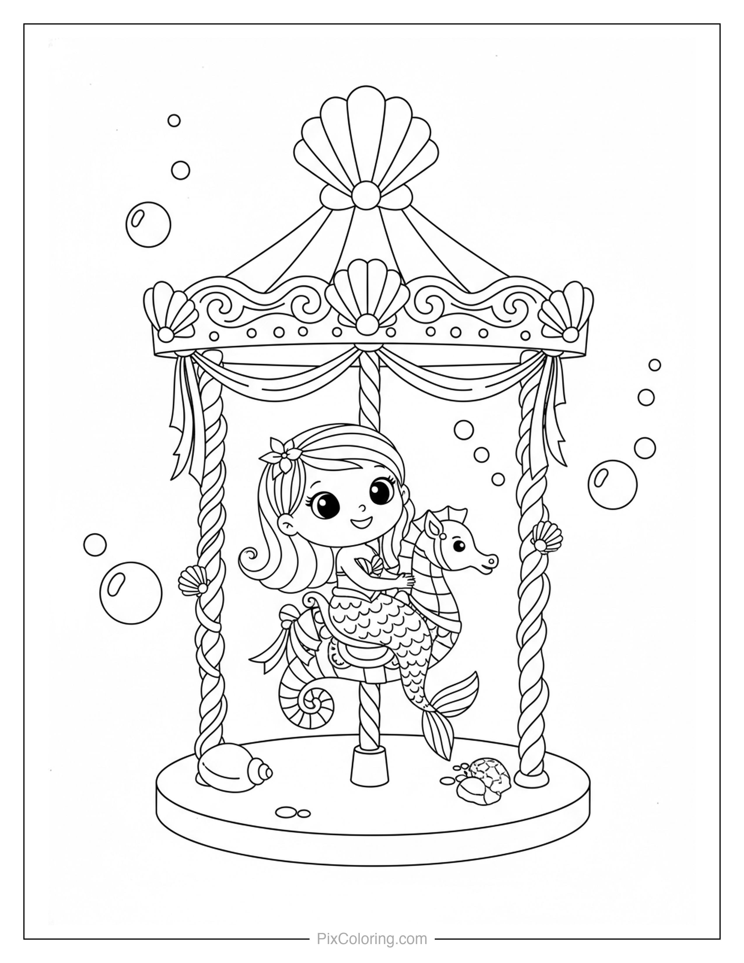 Mermaid riding a seahorse on a magical underwater carousel decorated with shells and ribbons, bubbles floating around coloring page for kids