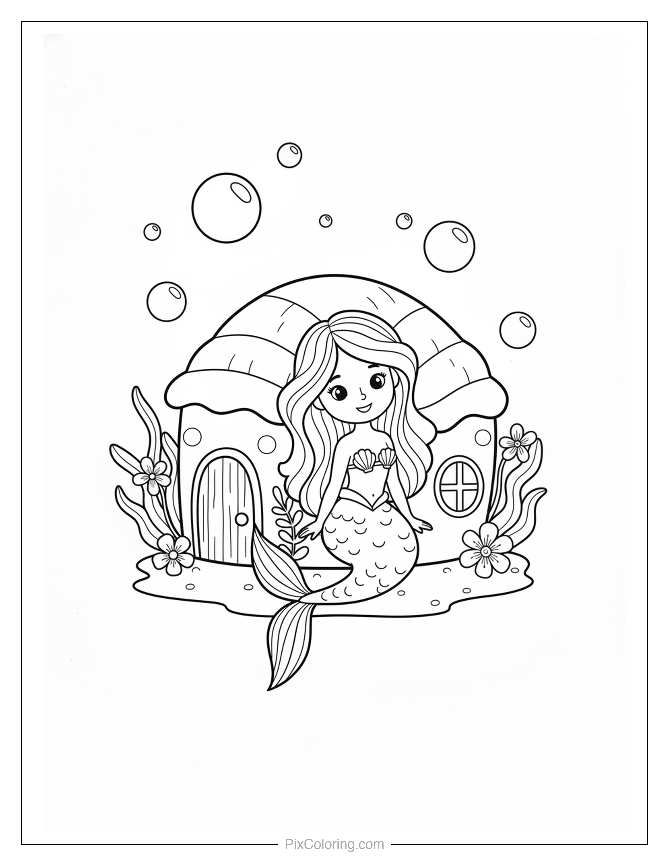 Cute mermaid standing outside her underwater shell-shaped house with seaweed, sea flowers, and bubbles coloring page for kids