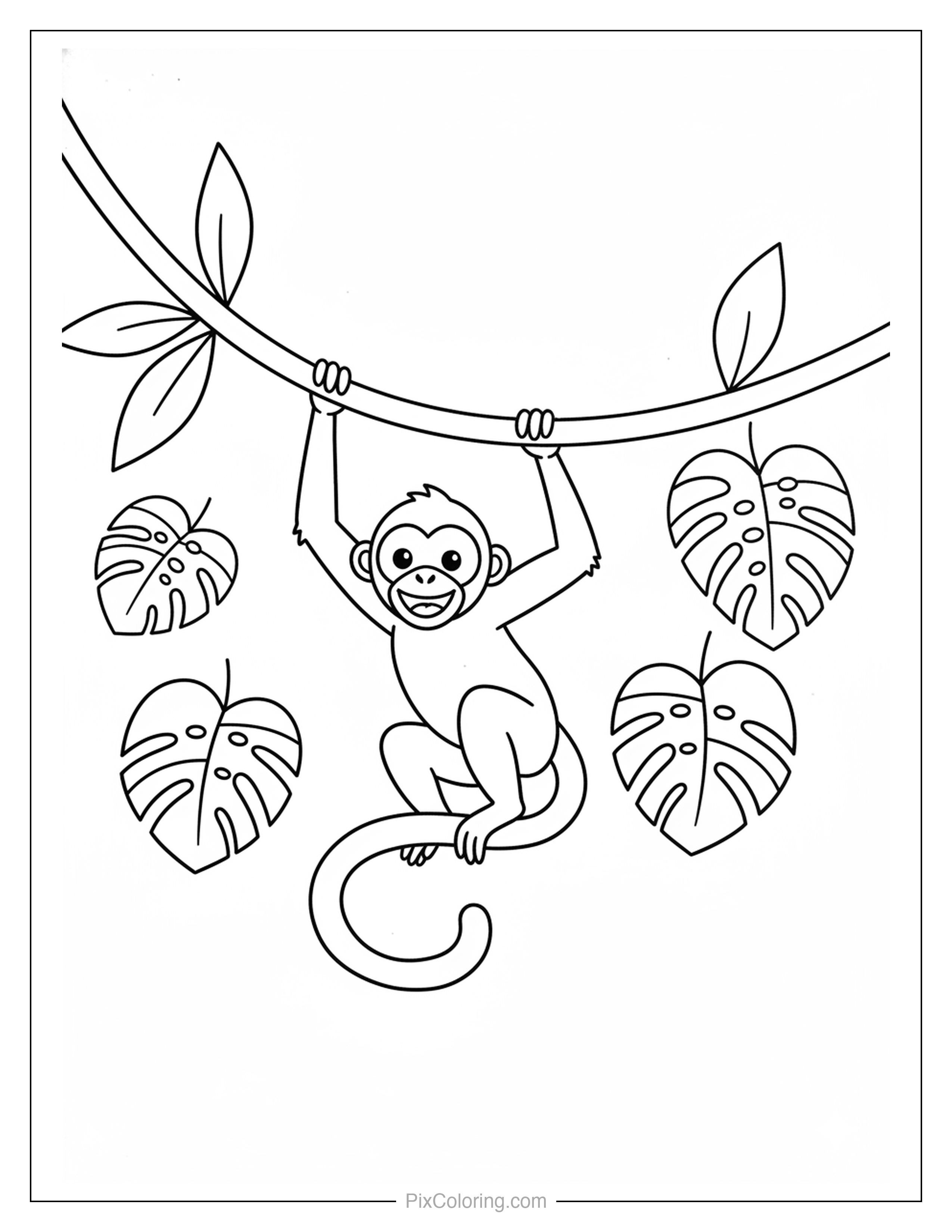 Happy cartoon monkey hanging and swinging from a jungle vine surrounded by tropical monstera leaves coloring page for kids