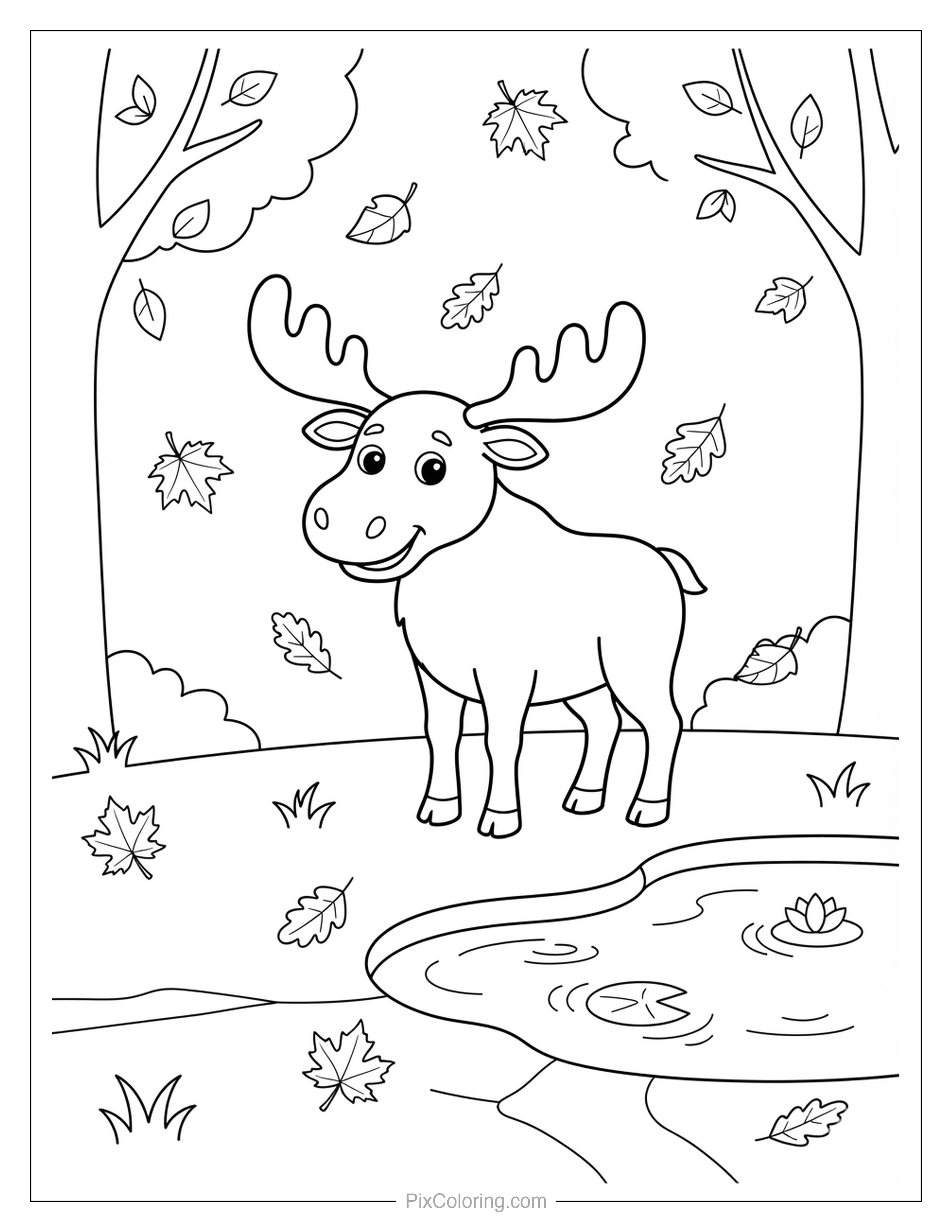 Cute cartoon moose standing beside a pond with falling autumn leaves and lily pads coloring page for kids