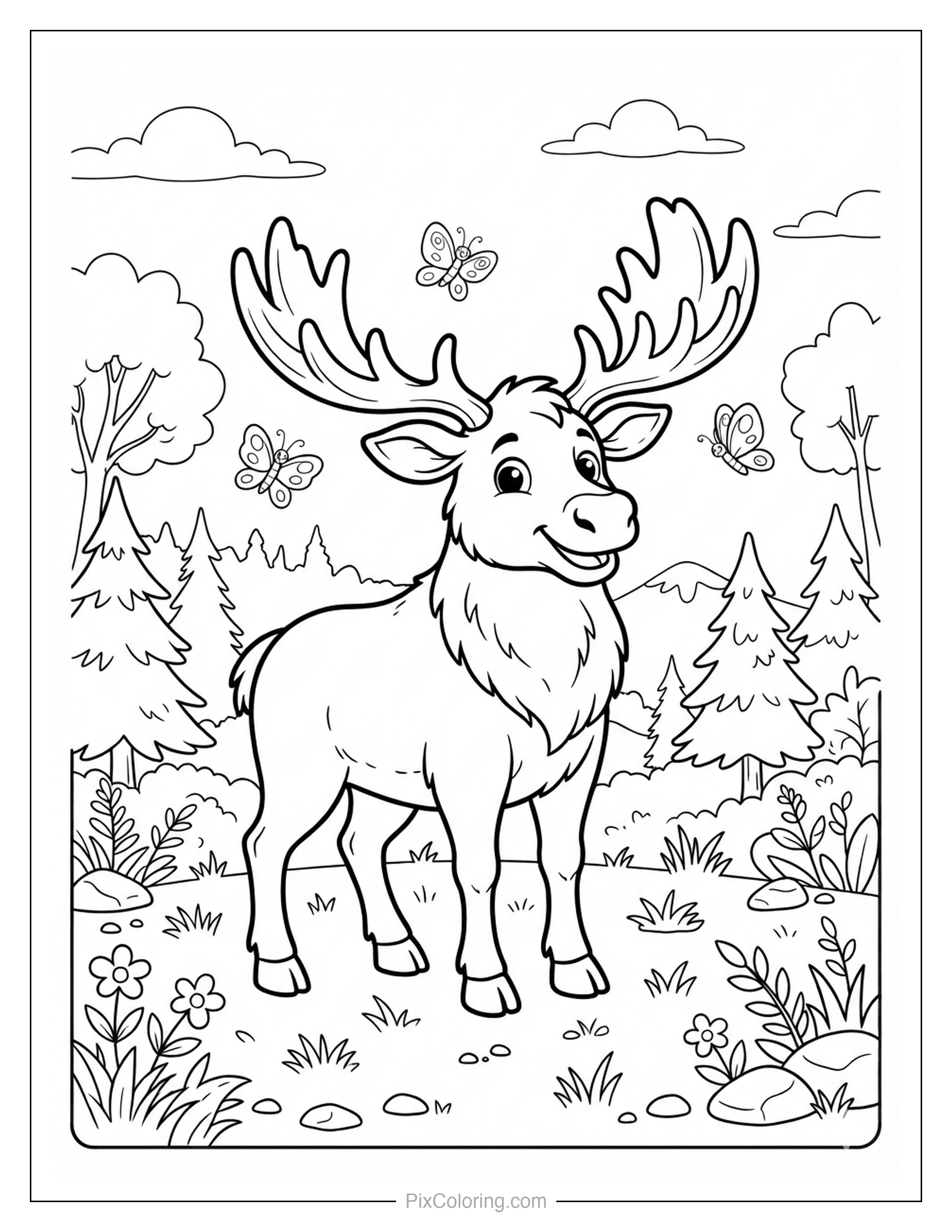 Friendly moose with large antlers standing in a forest clearing with butterflies fluttering around coloring page for kids
