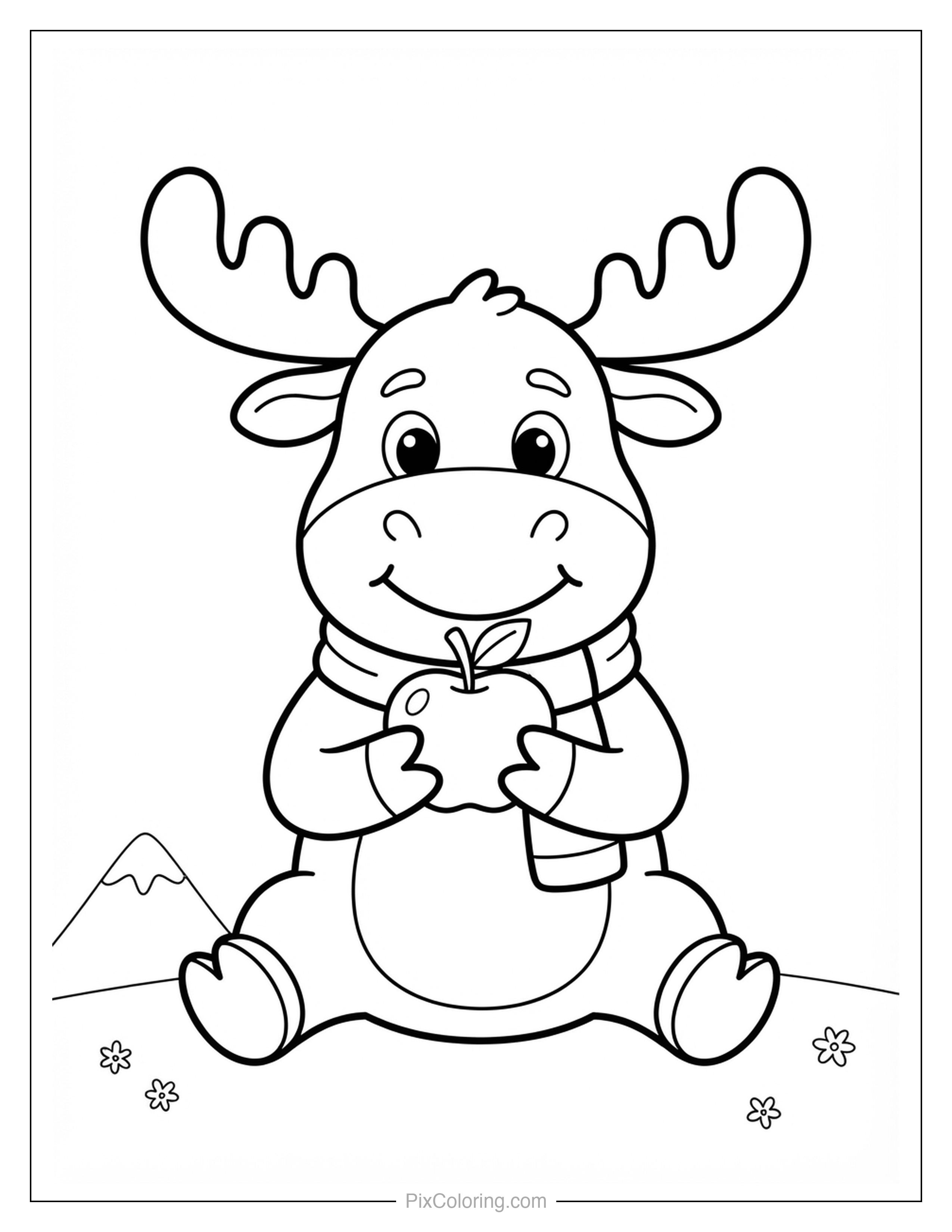 Cute cartoon moose wearing a scarf sitting in the mountains holding a big apple coloring page for kids