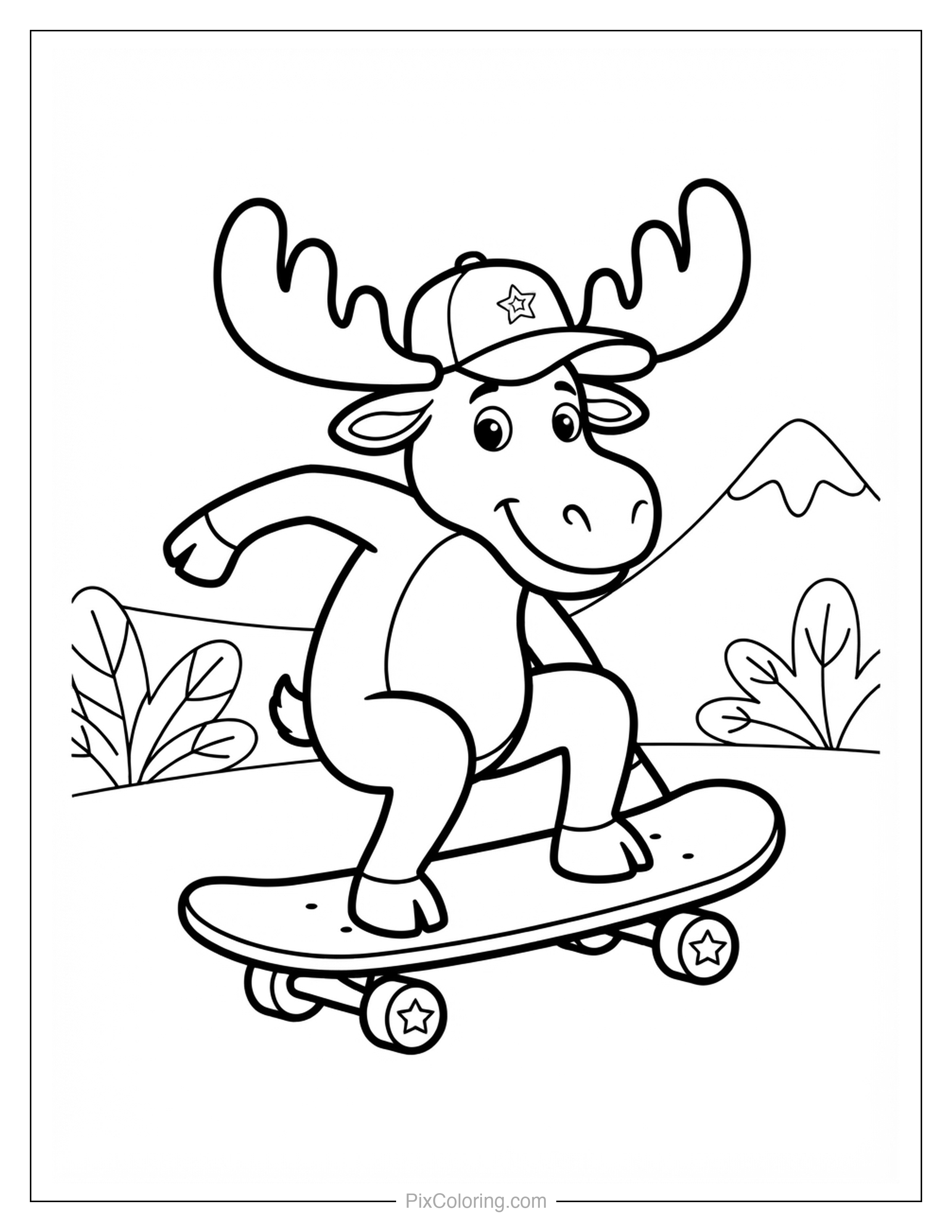 Cartoon moose wearing a star baseball cap riding a skateboard near mountains and bushes coloring page for kids