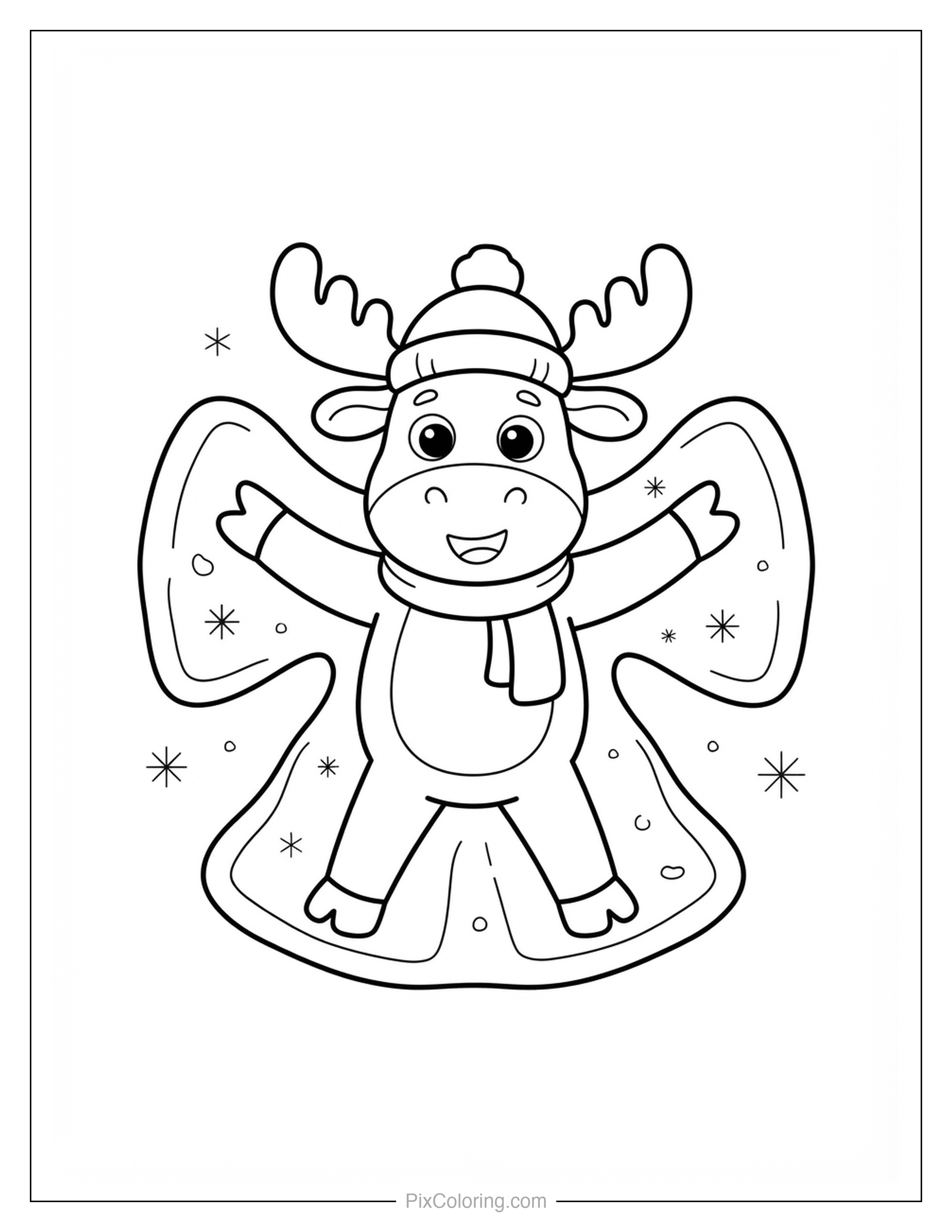 Goofy cartoon moose wearing a winter hat and scarf making a snow angel in the snow coloring page for kids