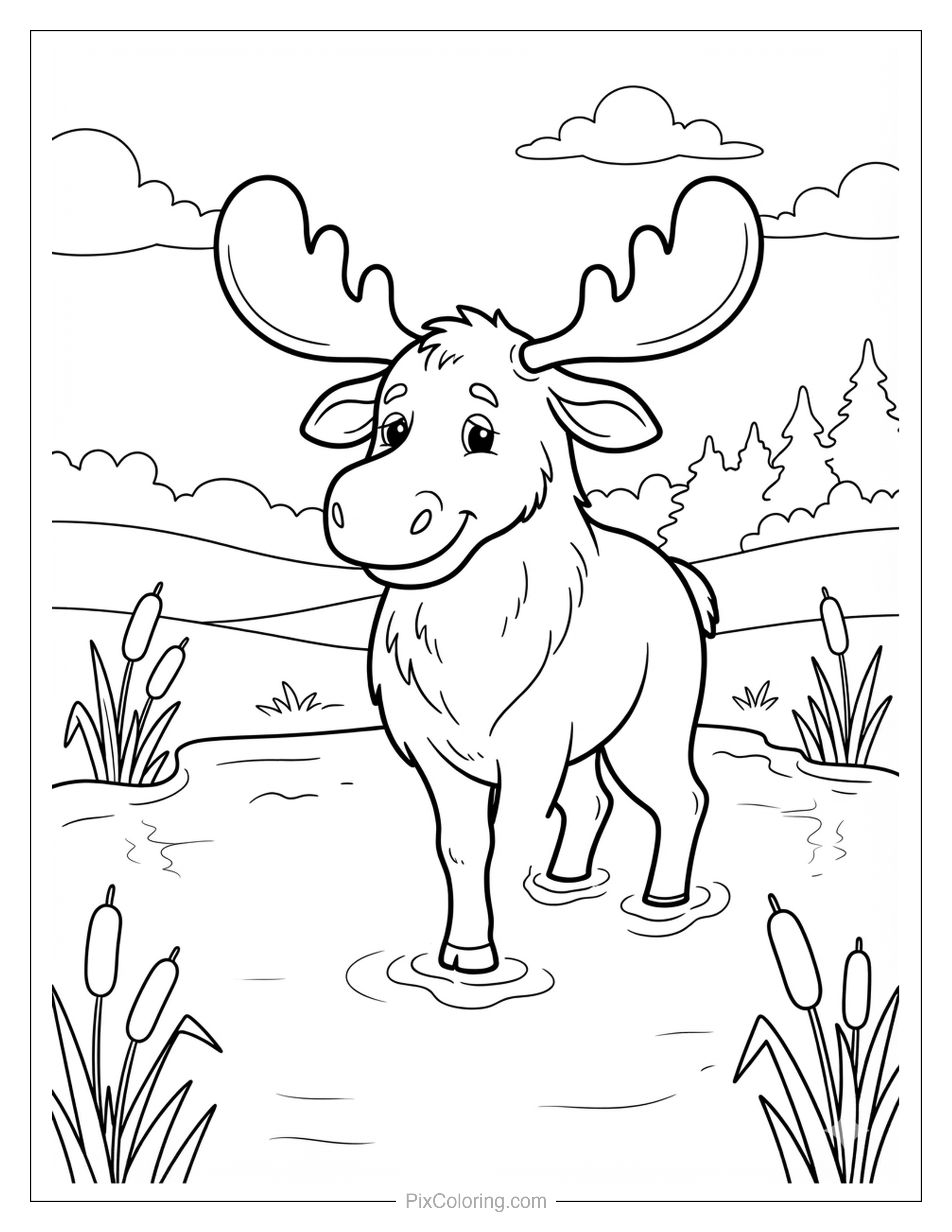 Friendly moose standing in a calm pond surrounded by cattails and reeds coloring page for kids