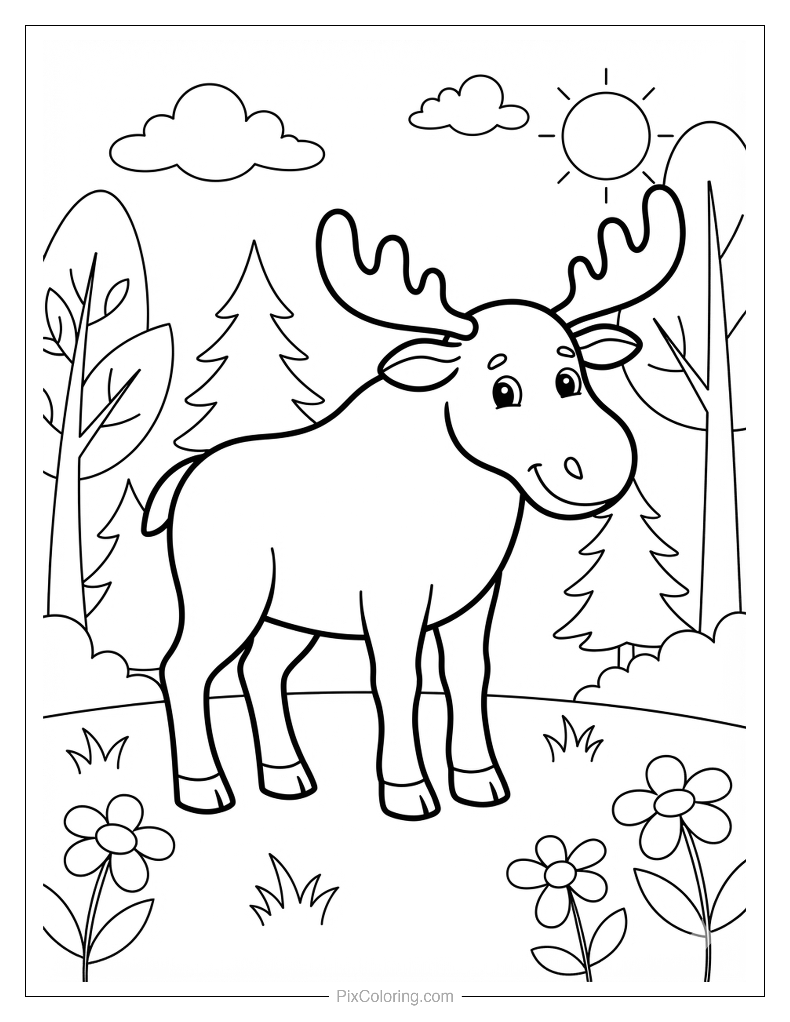Cute cartoon moose smiling in a sunny pine forest clearing with clouds and sun coloring page for kids