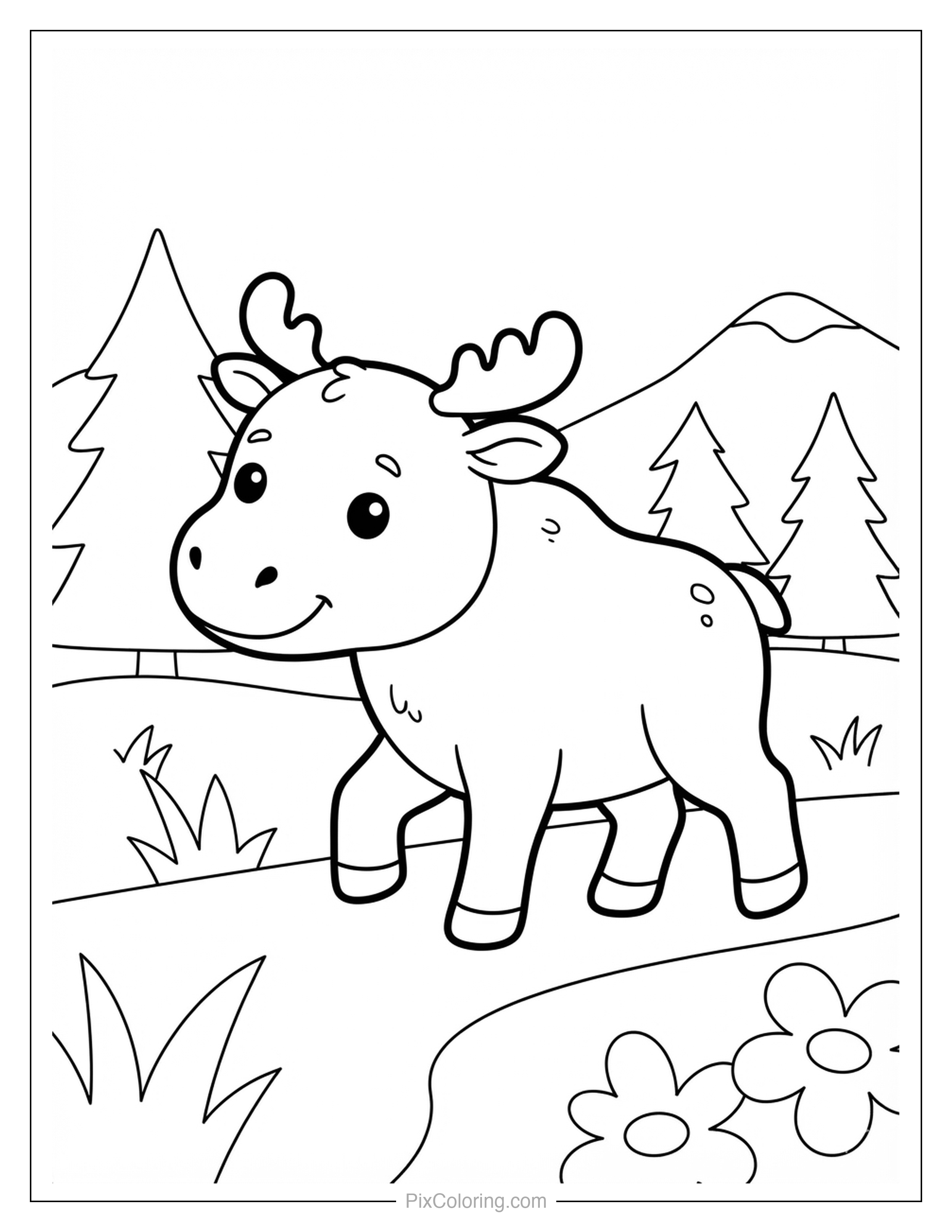 Cute cartoon moose walking on a trail with pine trees, mountains, and flowers coloring page for kids