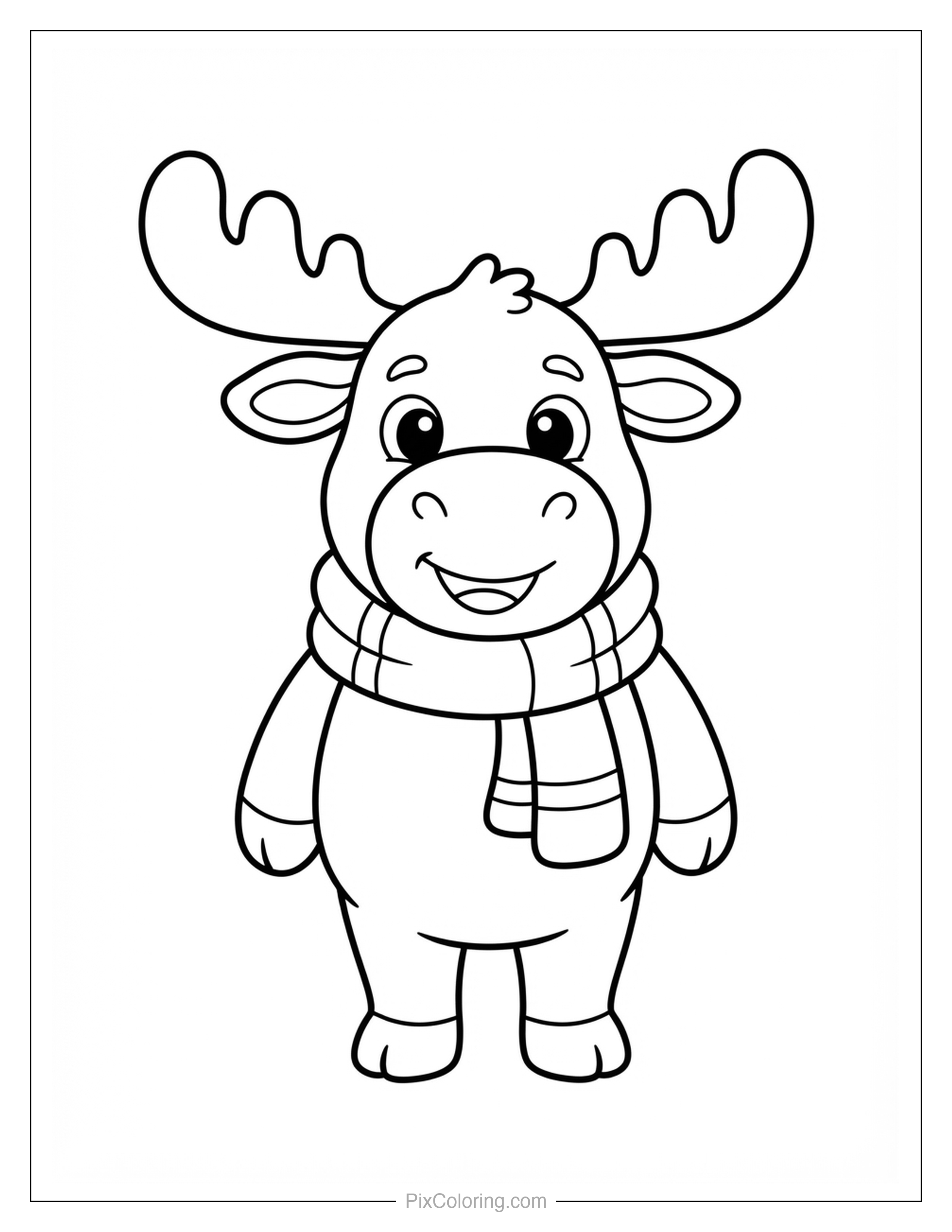Cute cartoon moose standing and smiling while wearing a cozy winter scarf coloring page for kids