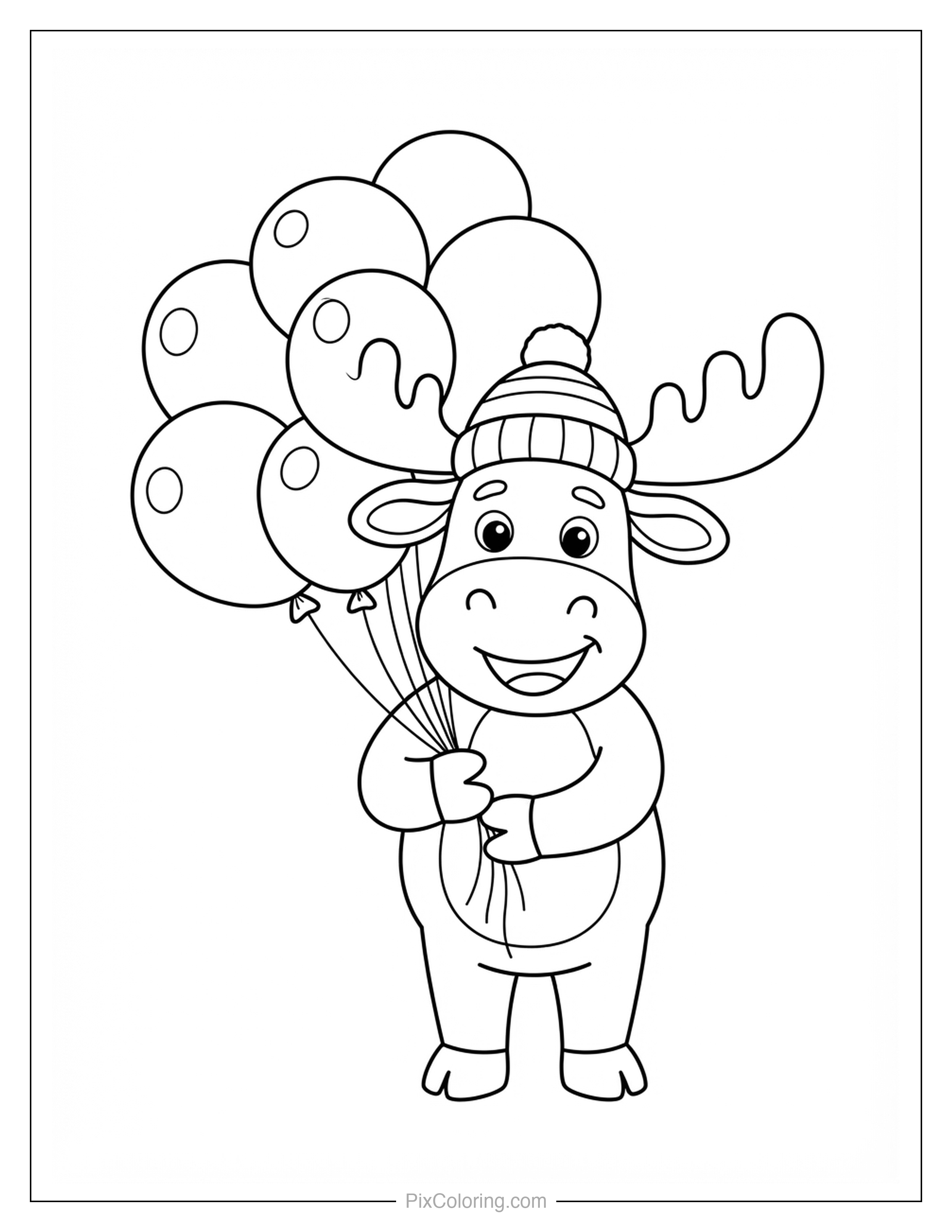 Cute cartoon moose wearing a winter hat holding a bunch of balloons coloring page for kids