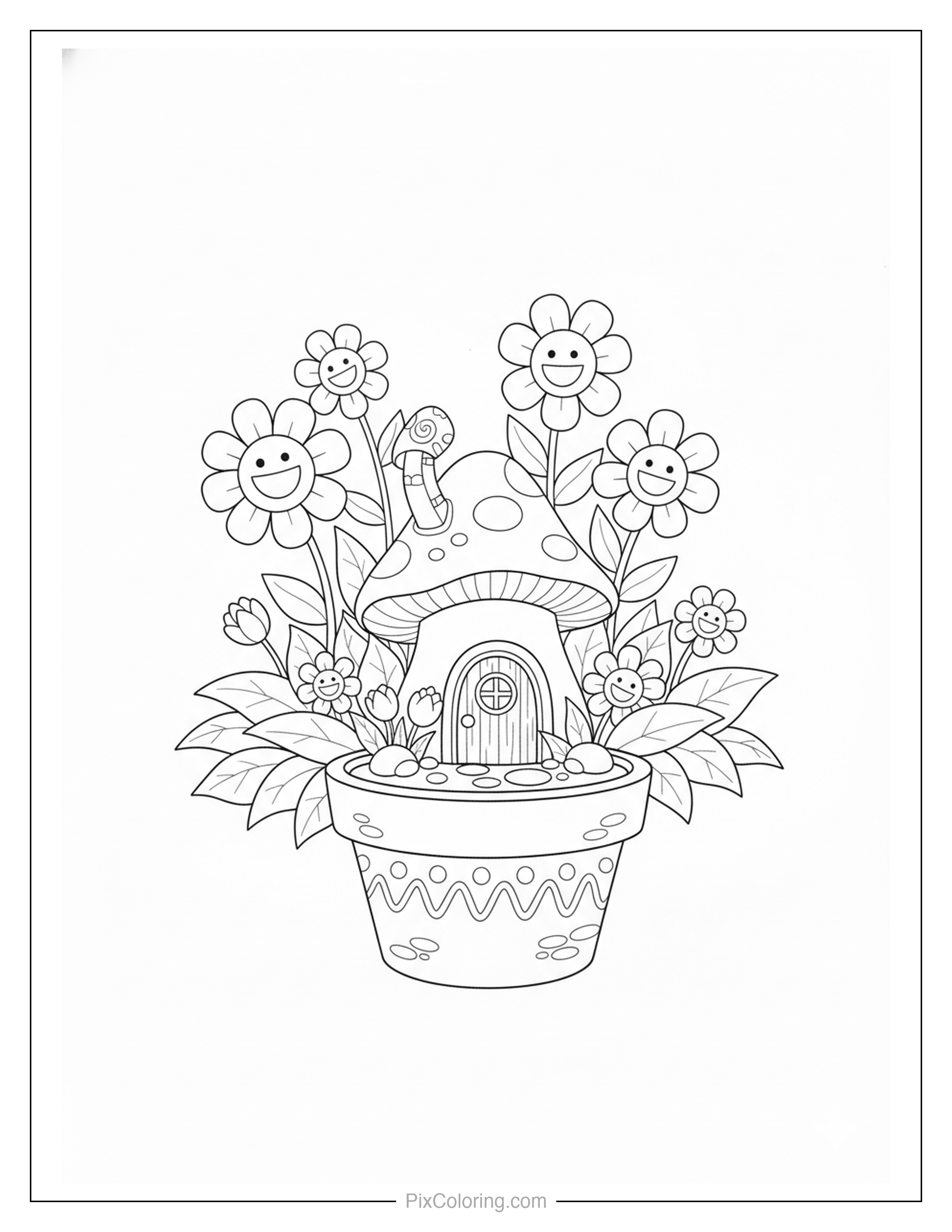 Tiny mushroom house with a door growing inside a decorated flower pot with smiling flowers around it coloring page for kids