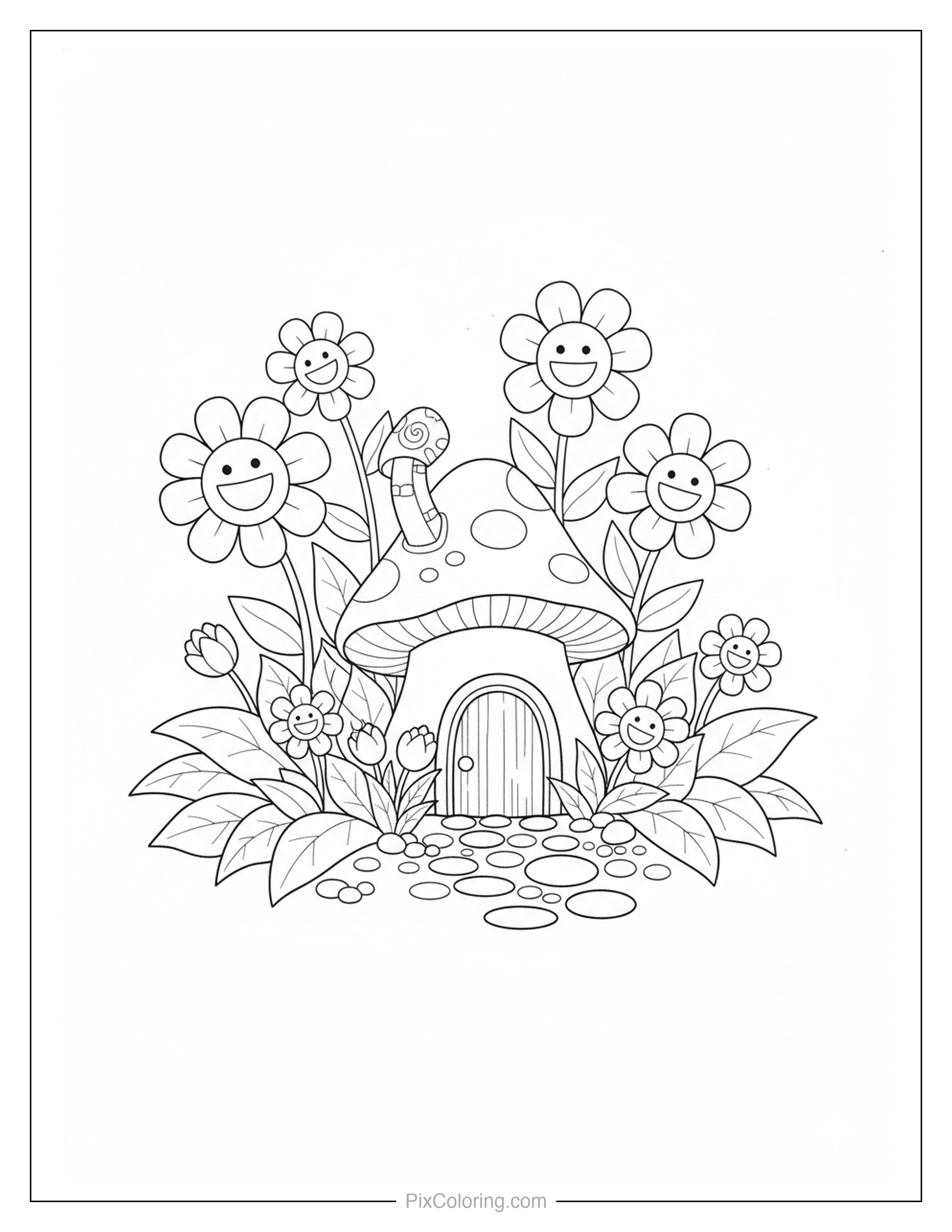 Cute mushroom house with a wooden door surrounded by tall smiling sunflowers and a snail in a garden coloring page for kids