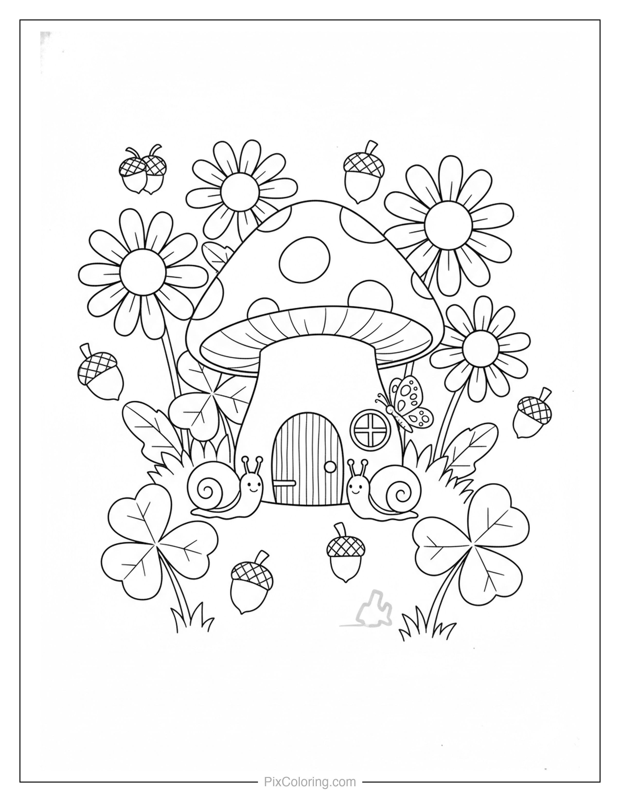 Spotted mushroom house with snails, a butterfly, acorns, daisies, and clovers scattered around it in a garden coloring page for kids