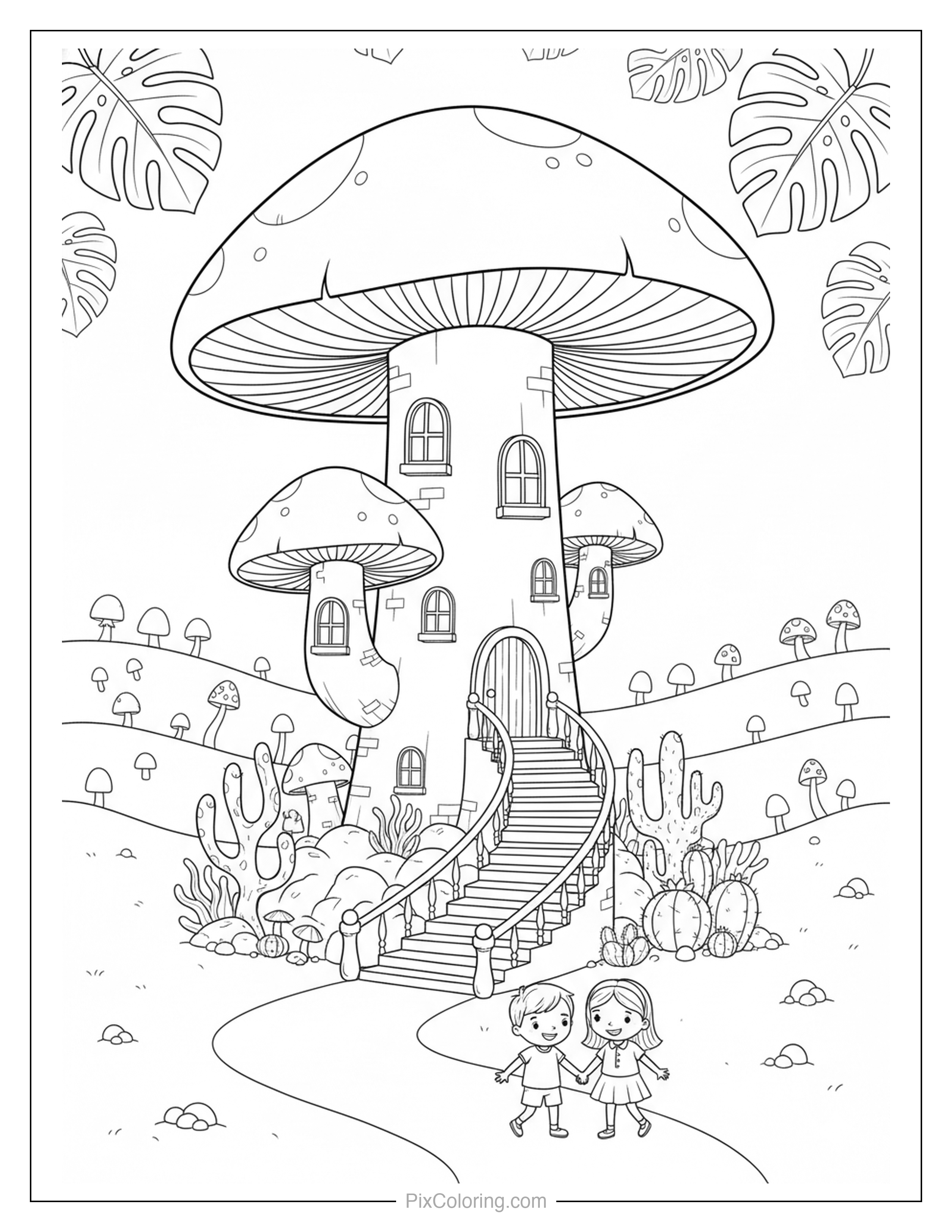 Two children standing before a giant mushroom house with a grand spiral staircase, smaller mushroom towers, and cacti in a magical village coloring page for kids