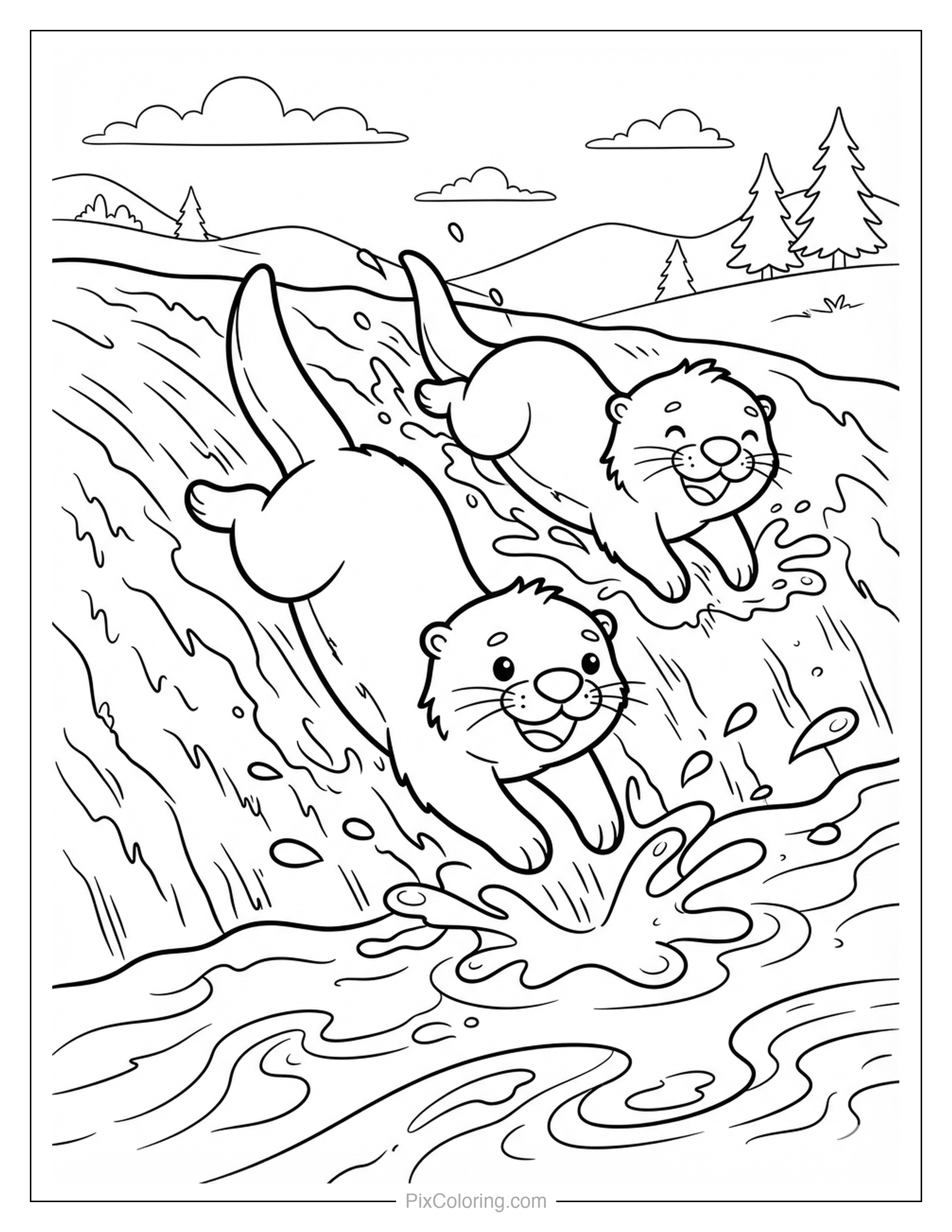 Two playful otters sliding down a waterfall and splashing into the pool below coloring page for kids