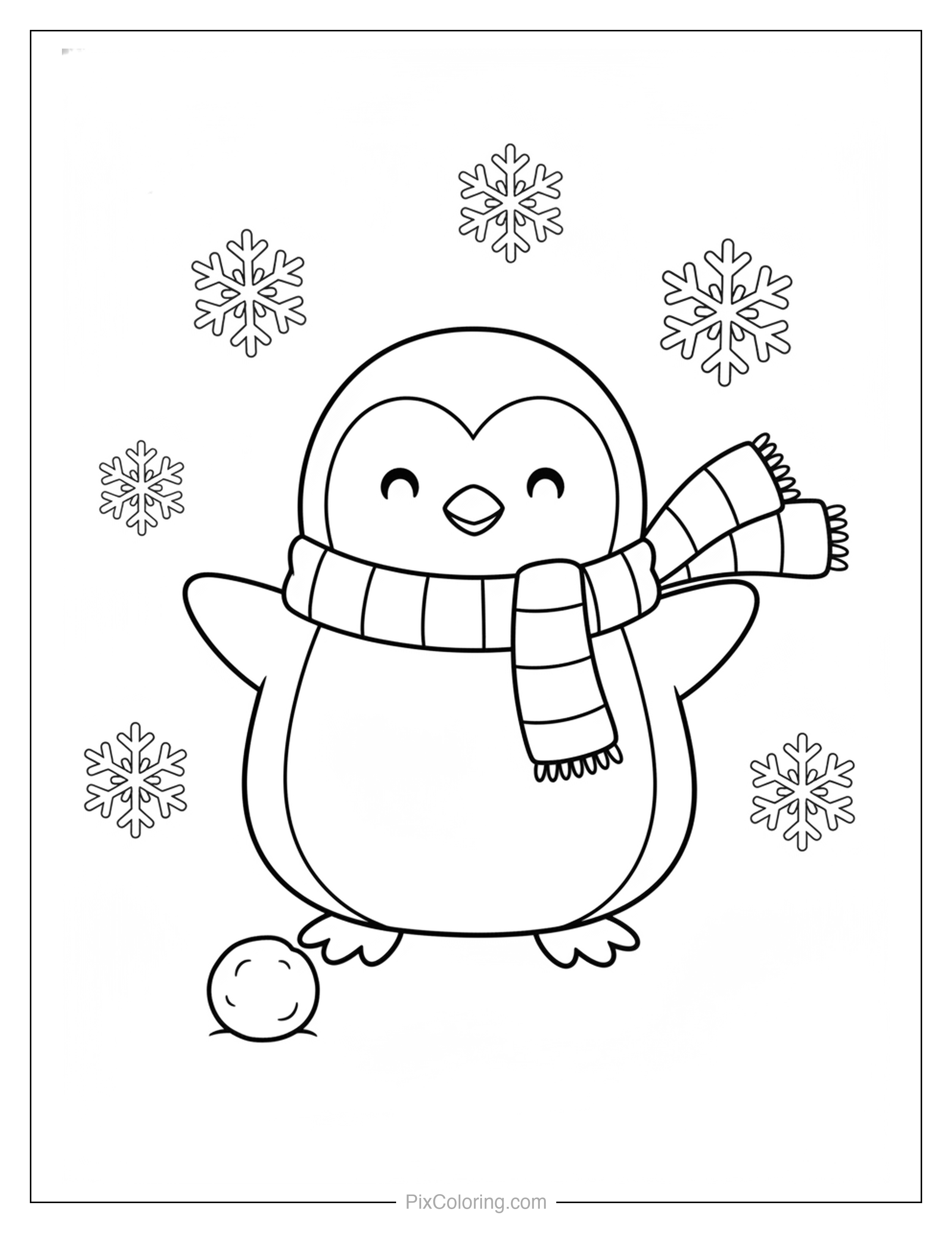 Happy round penguin wearing a striped scarf and waving with a snowball at its feet surrounded by snowflakes coloring page for kids