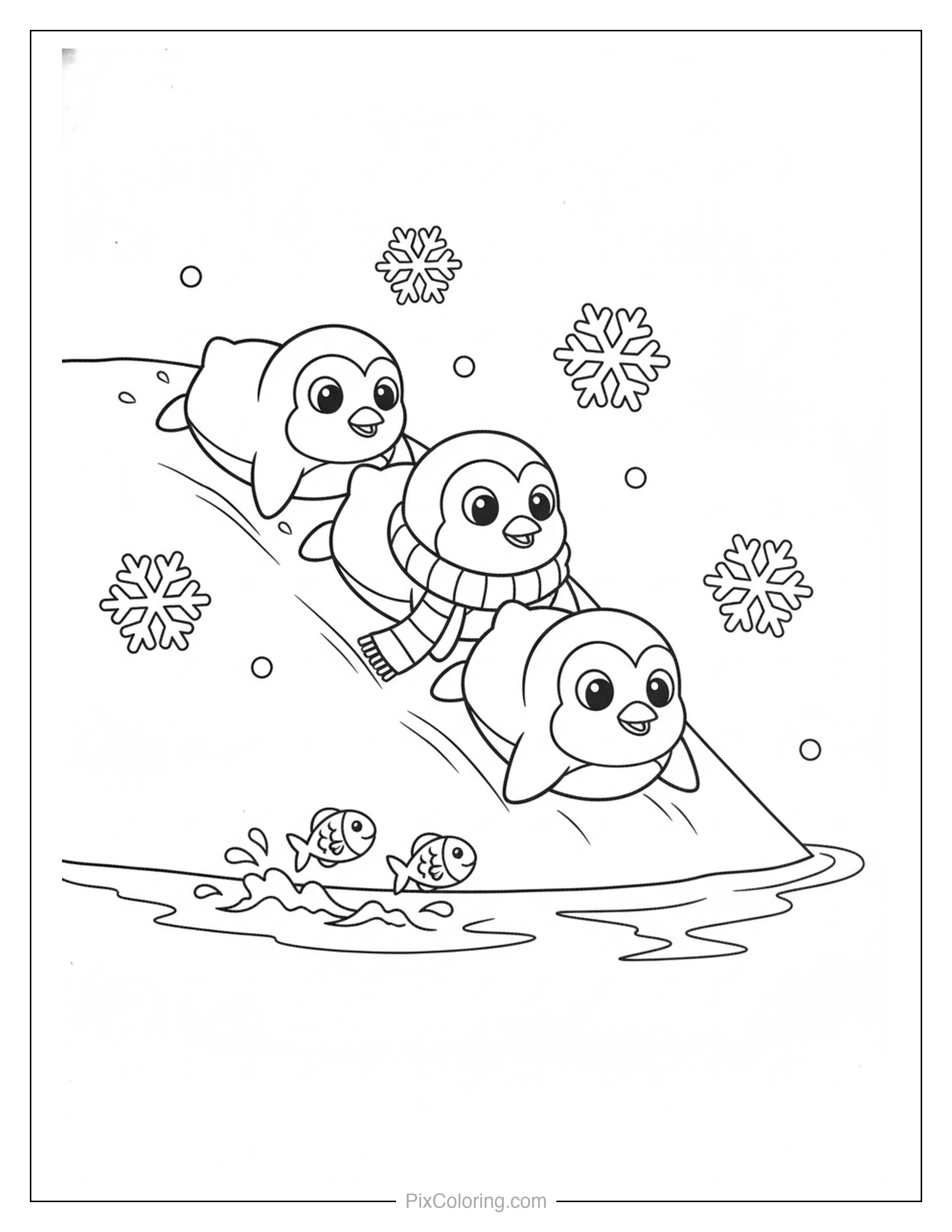 Three playful penguins sliding down an icy slope with snowflakes and small fish in the water below coloring page for kids