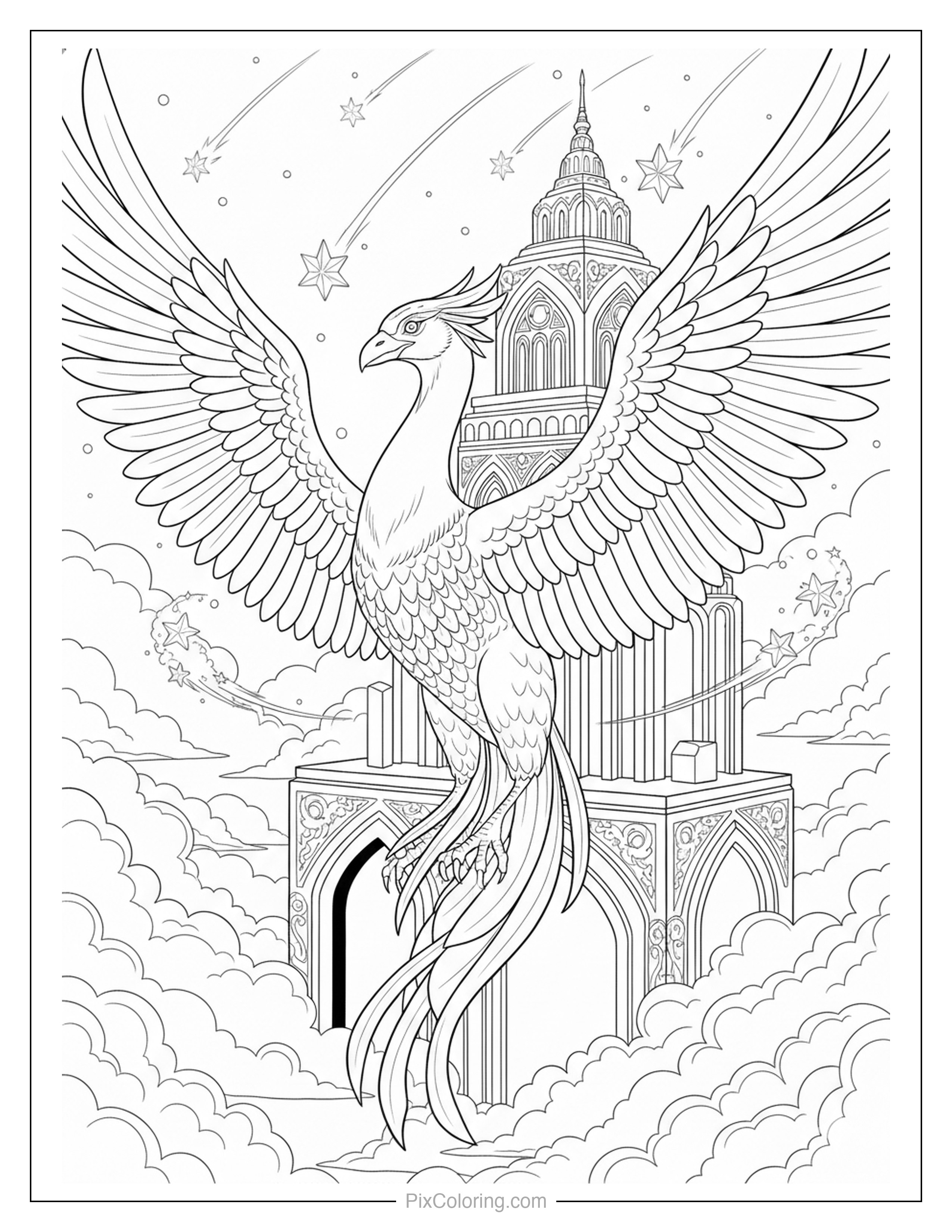A majestic phoenix bird with wide wings perched on top of a grand castle tower surrounded by shooting stars and glowing clouds coloring page for kids