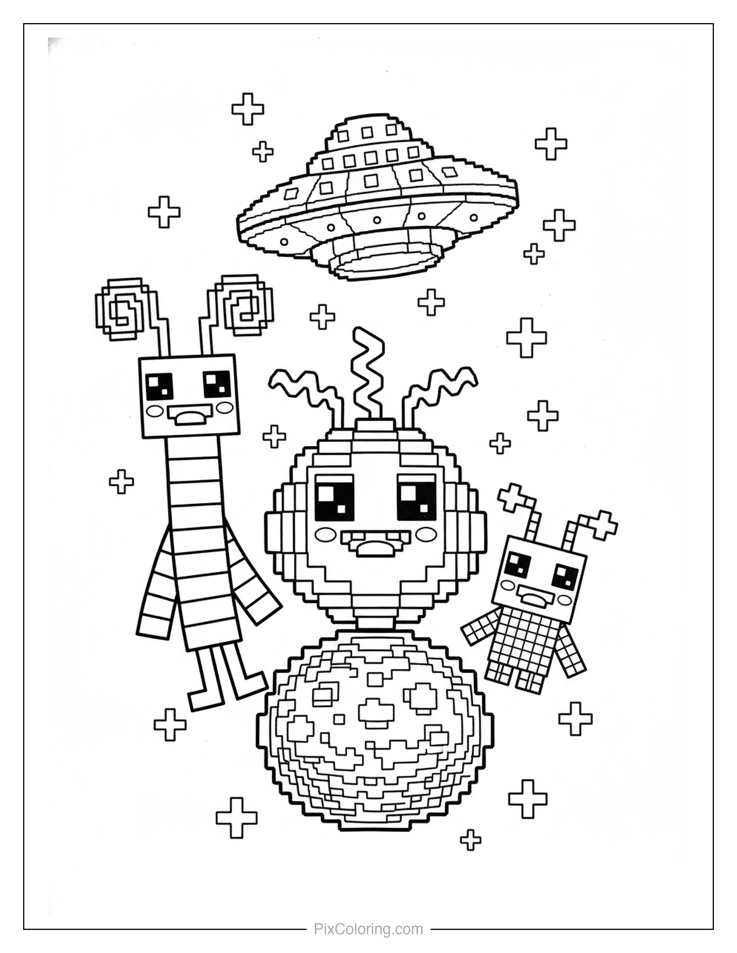 Three blocky pixel-art alien creatures with a UFO floating in a starry outer space scene coloring page for kids