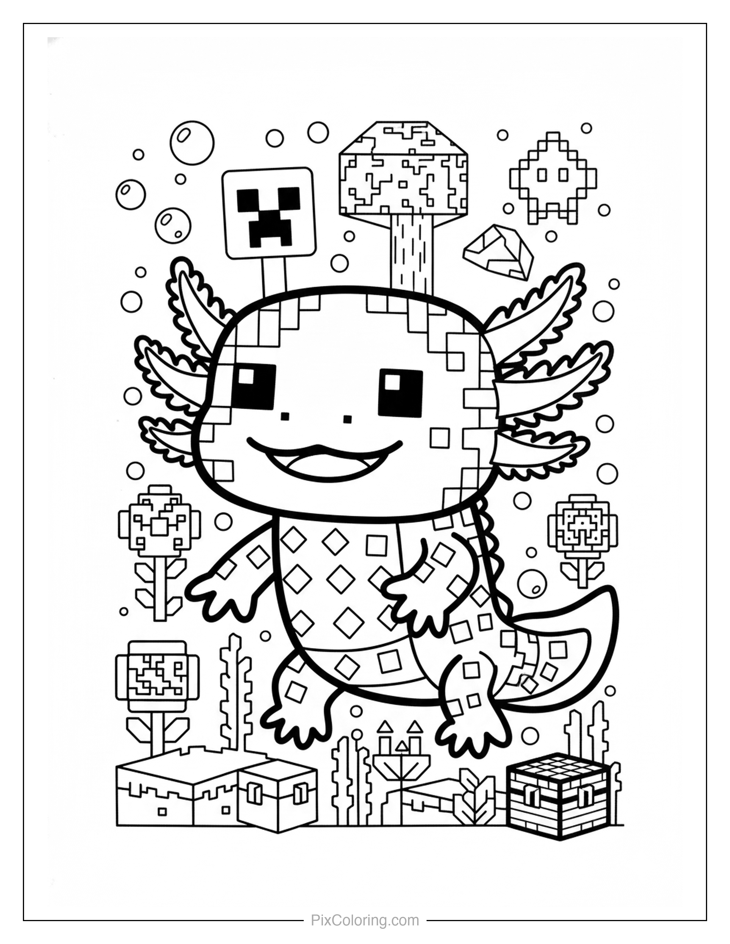 A blocky pixel-art axolotl with a big smile surrounded by Minecraft-style blocks, mushrooms, and underwater plants coloring page for kids