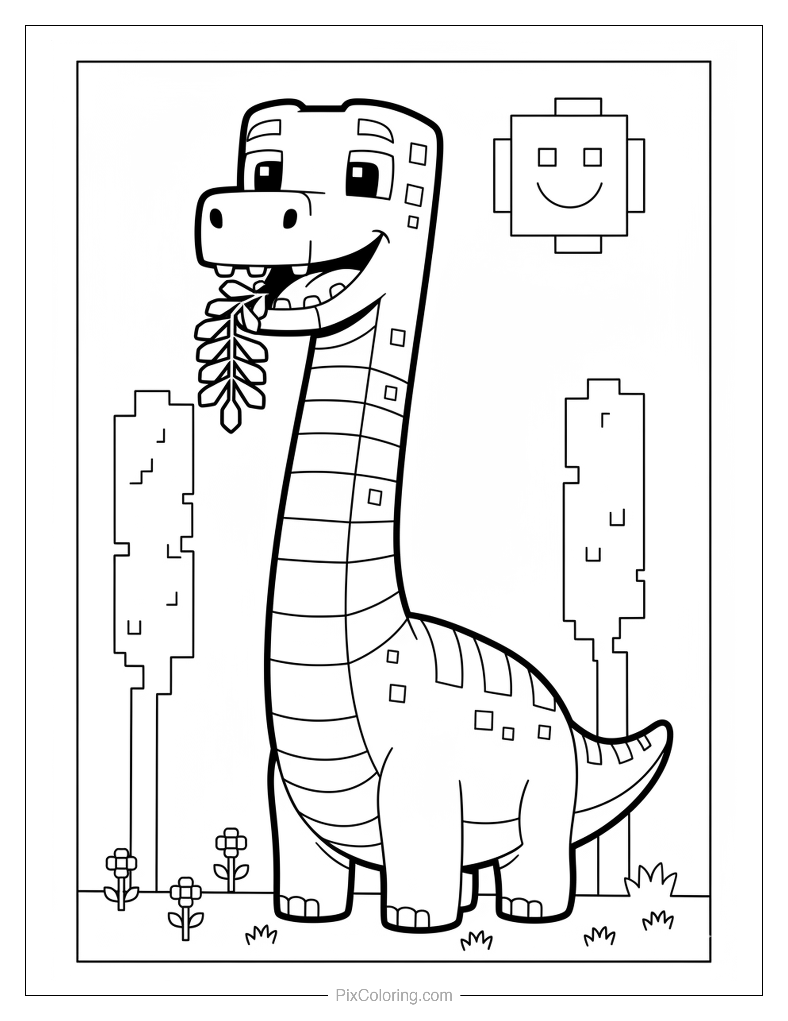 A blocky pixel-art brachiosaurus with a long neck munching on leaves with a smiling pixel sun and pixel trees coloring page for kids