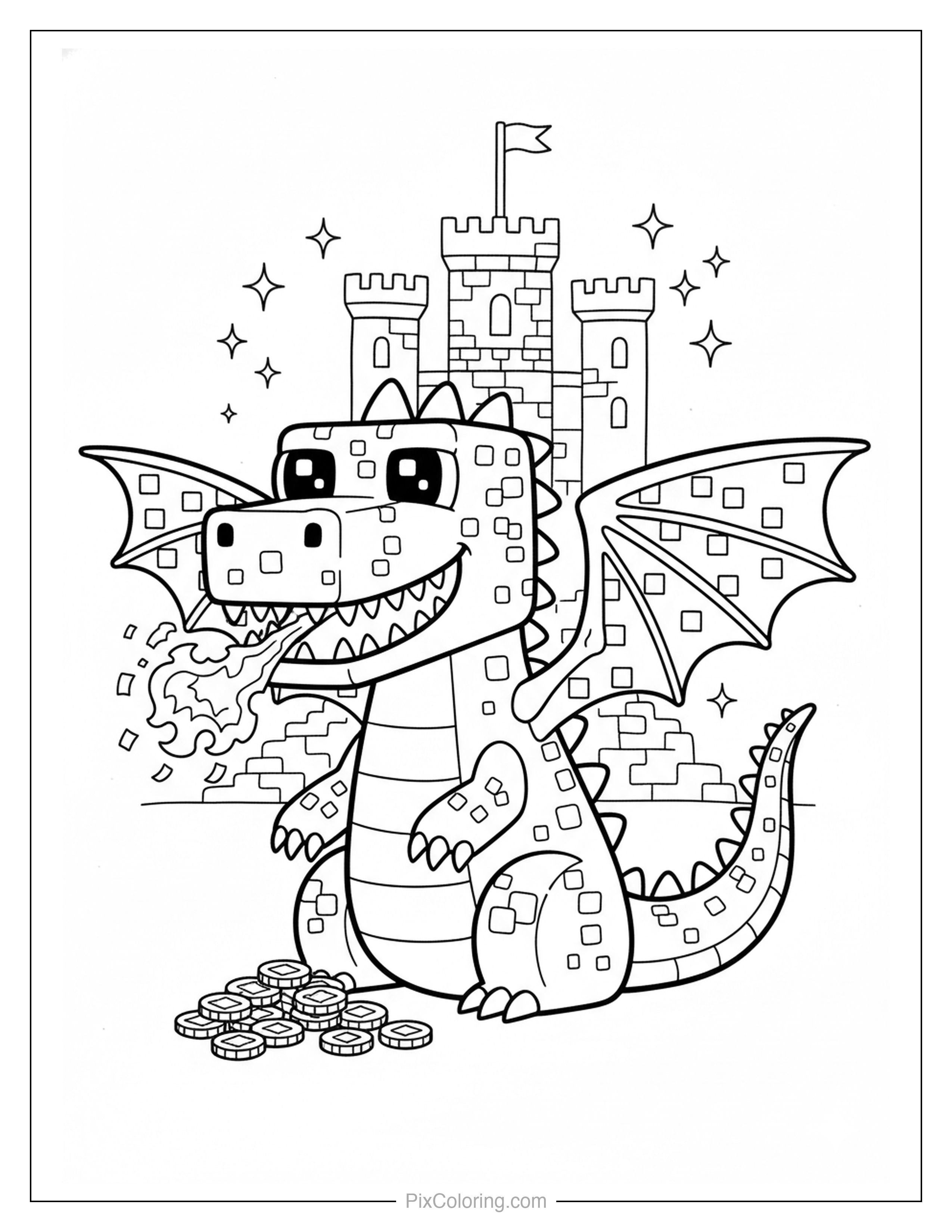 A blocky pixel-art dragon breathing fire in front of a castle with a pile of gold coins at its feet coloring page for kids
