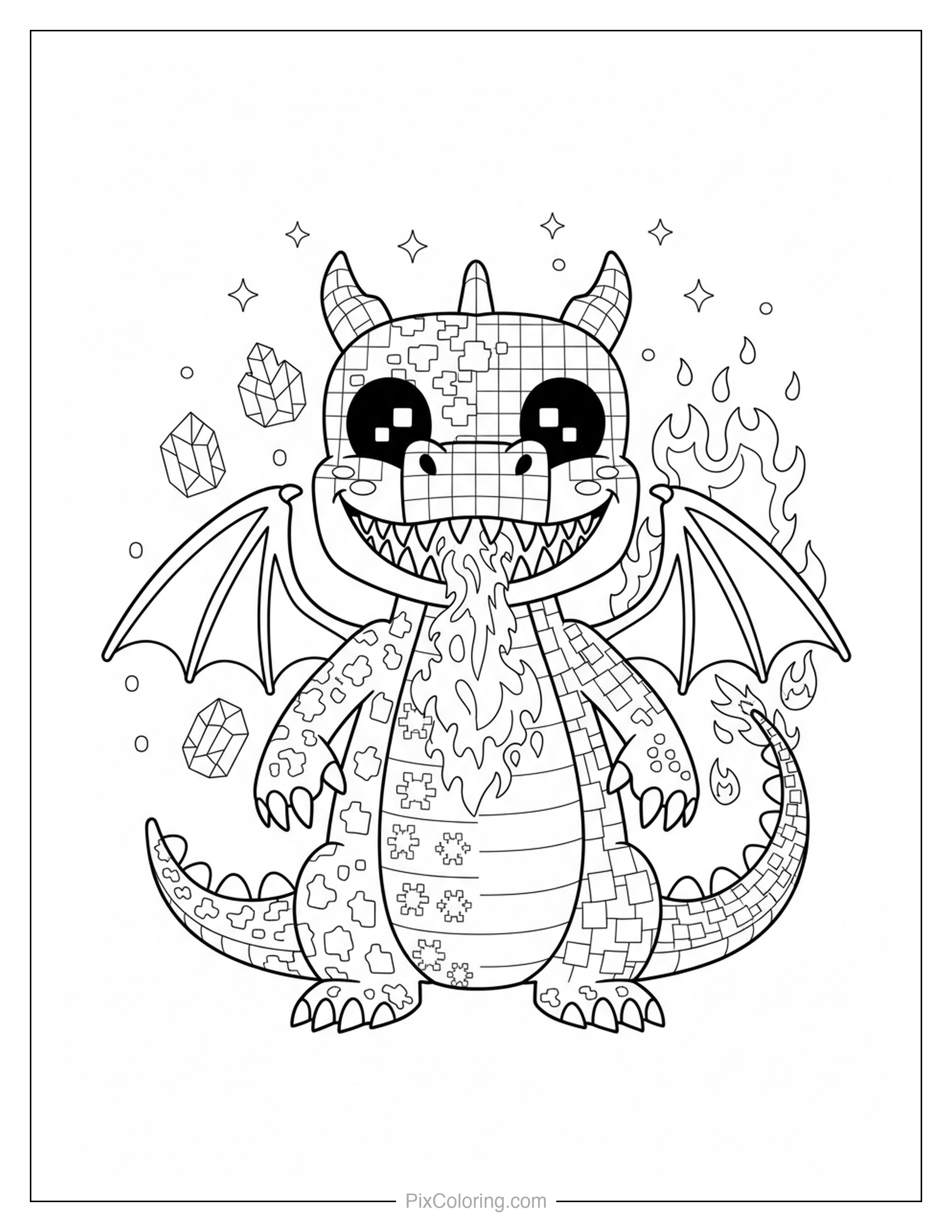 A blocky pixel-art dragon breathing fire surrounded by glowing crystals and sparkles coloring page for kids