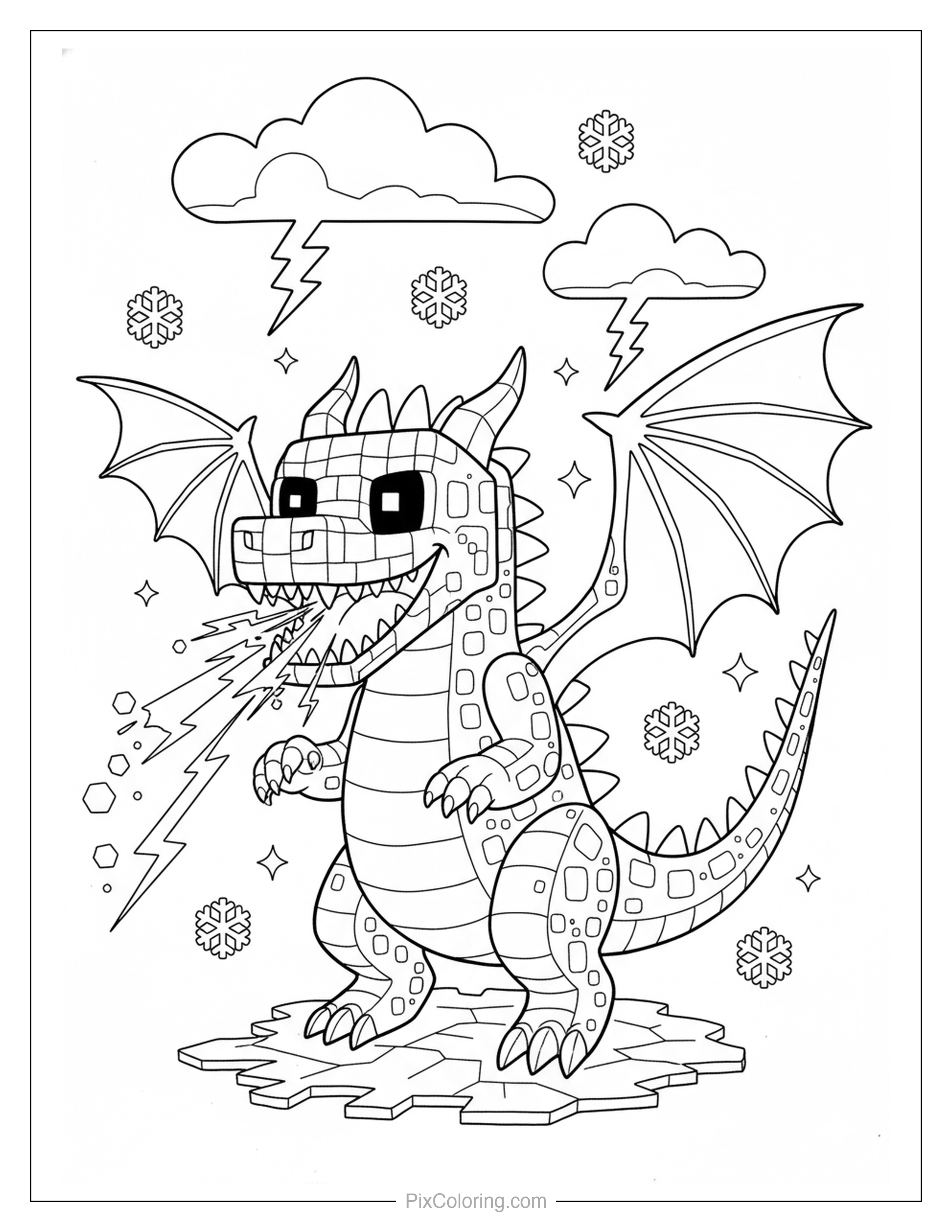 A blocky pixel-art dragon breathing ice in a stormy scene with lightning bolts and snowflakes coloring page for kids