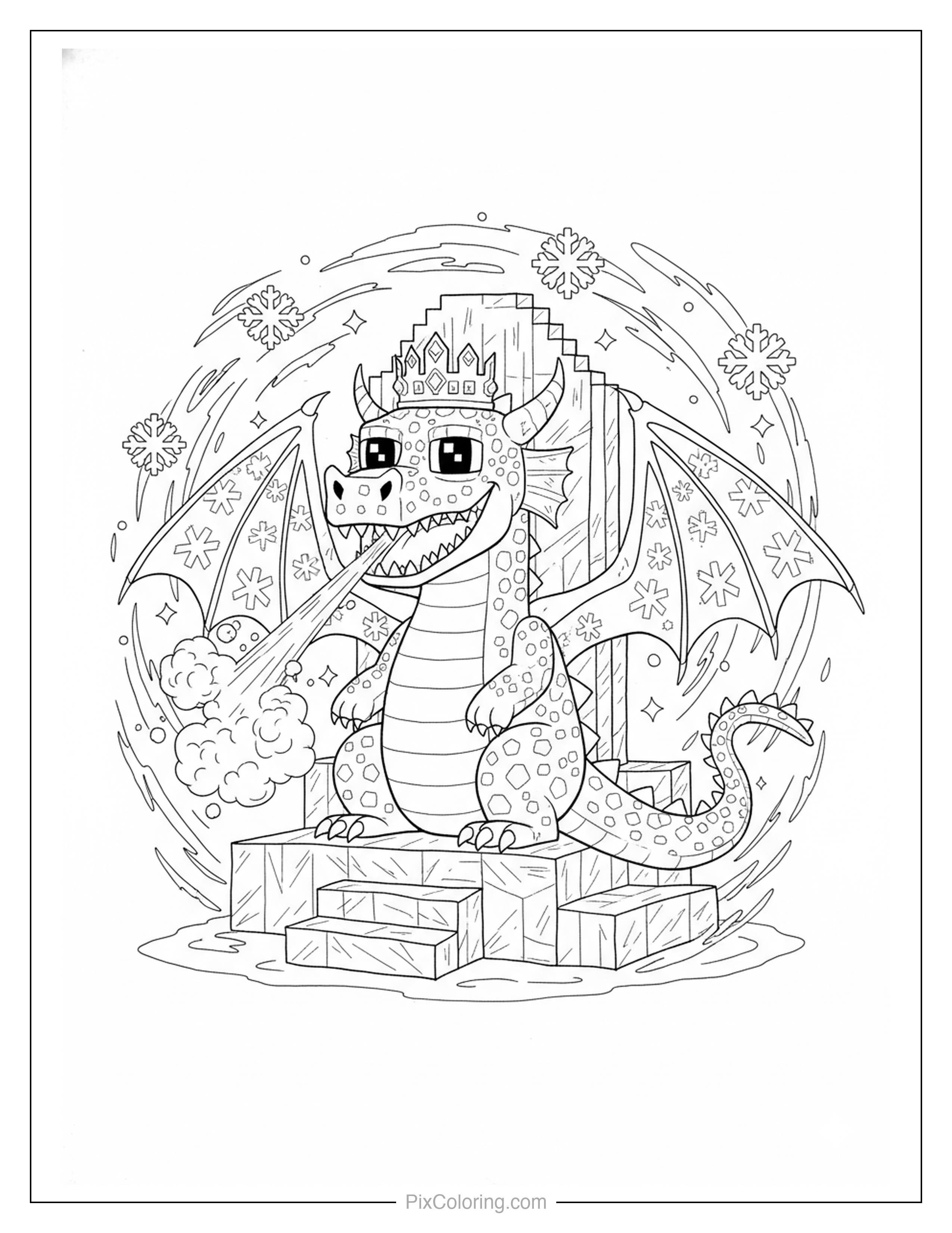 A blocky pixel-art dragon wearing a crown surrounded by gift boxes and swirling snowflakes coloring page for kids