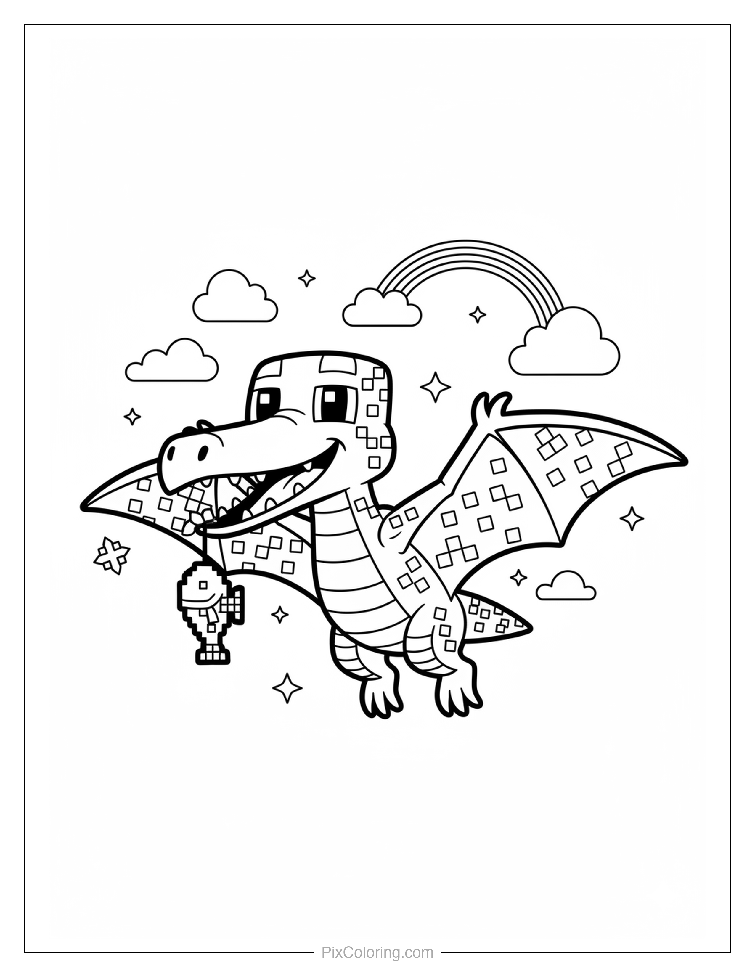 A blocky pixel-art pterodactyl flying through clouds holding a trophy with a rainbow and stars in the sky coloring page for kids