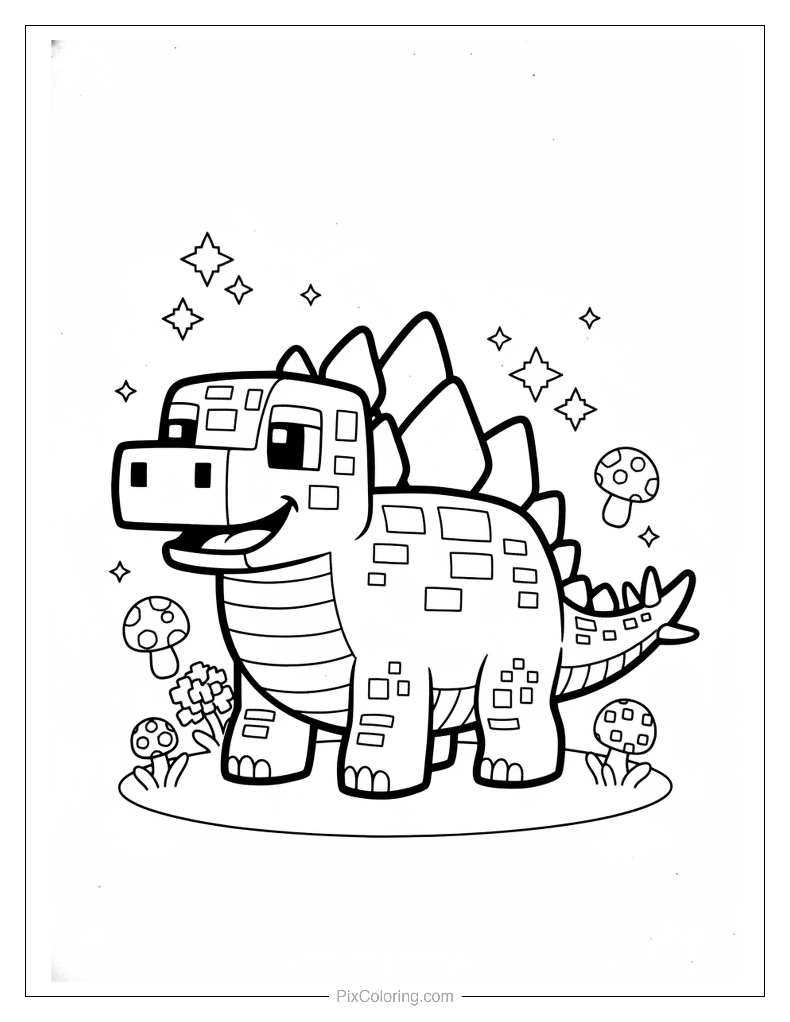 A blocky pixel-art stegosaurus with spiked back plates standing happily among colorful mushrooms and flowers coloring page for kids