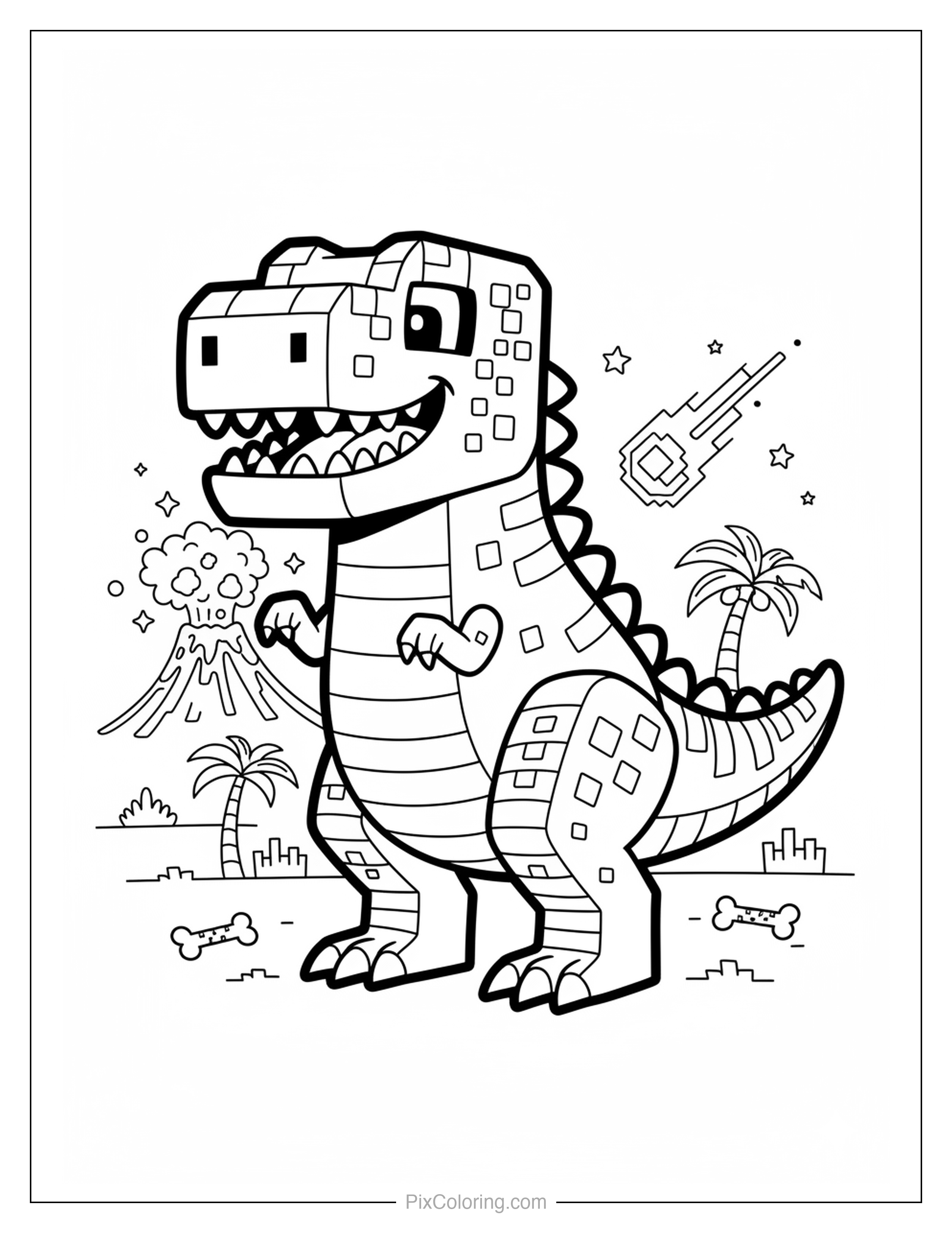 A blocky pixel-art T-rex roaring with an erupting volcano, meteor, and palm trees in a prehistoric landscape coloring page for kids