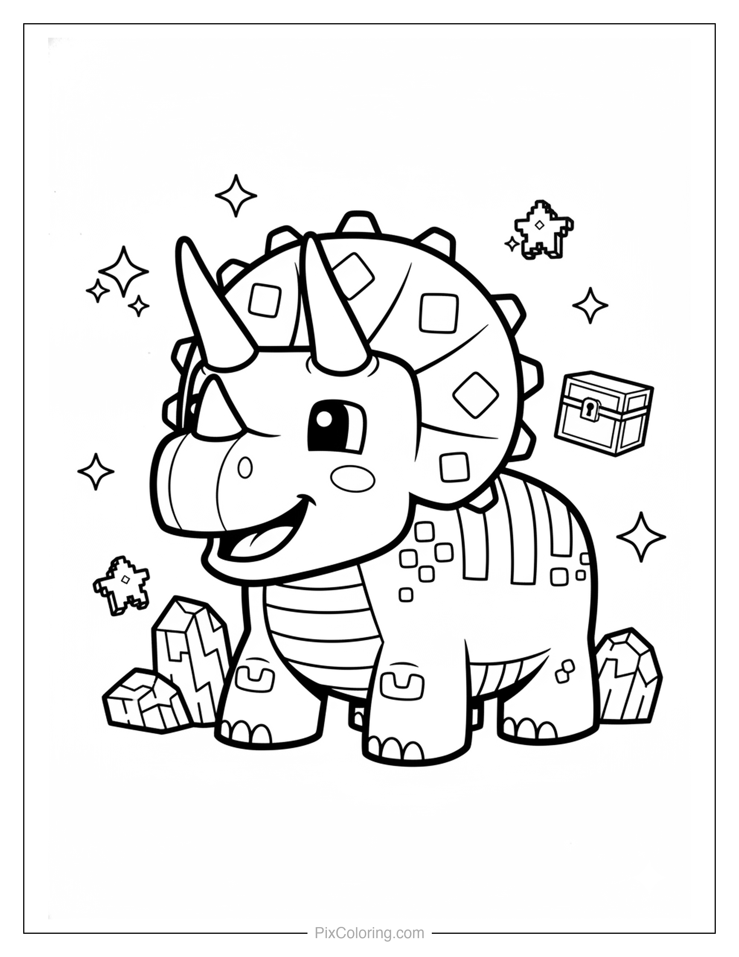 A blocky pixel-art triceratops with big horns surrounded by sparkling crystals, stars, and a treasure chest coloring page for kids
