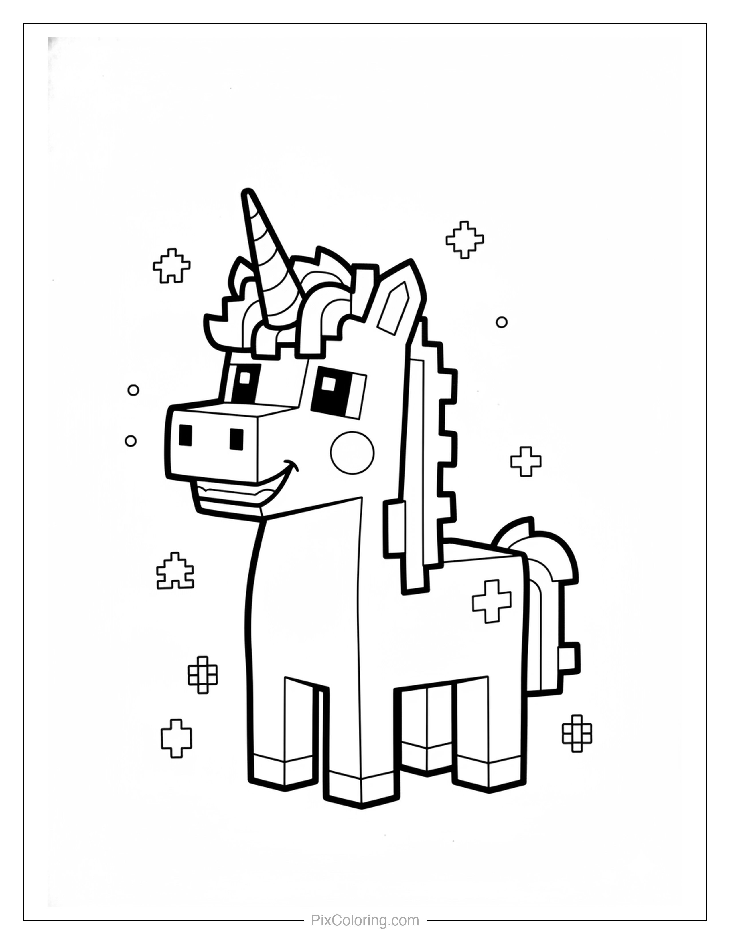 A blocky pixel-art unicorn with a rainbow mane and glowing horn standing with a big smile coloring page for kids